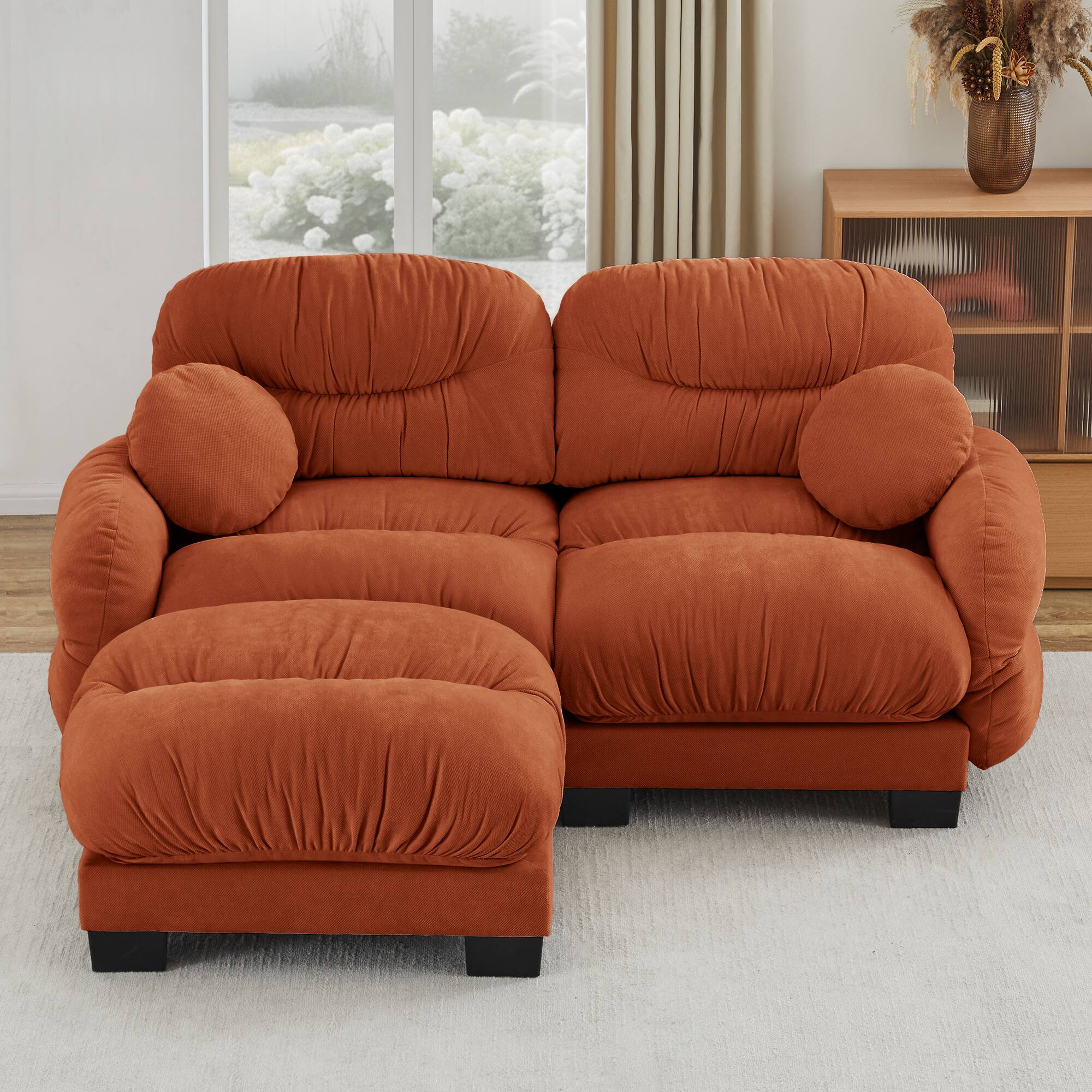 Back. Anysun - L Shape Sectional Couch with Ottoman, Chenille Fabric, High-Density Foam & Curved Armrests for Living Room - Orange.