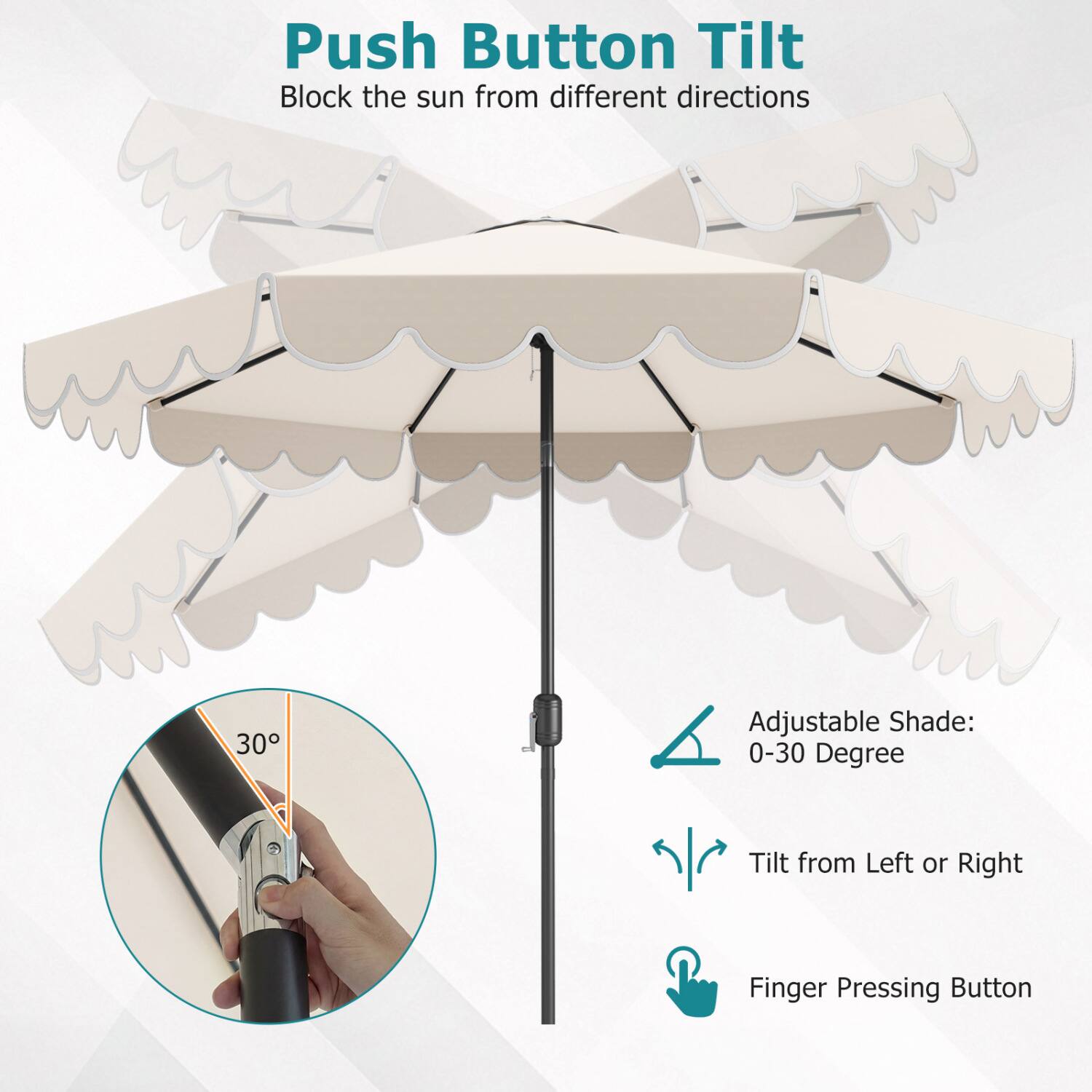 Push Button Tilt  
Block the sun from different directions  

Adjustable Shade: 0-30 Degree  
Tilt from Left or Right  
Finger Pressing Button