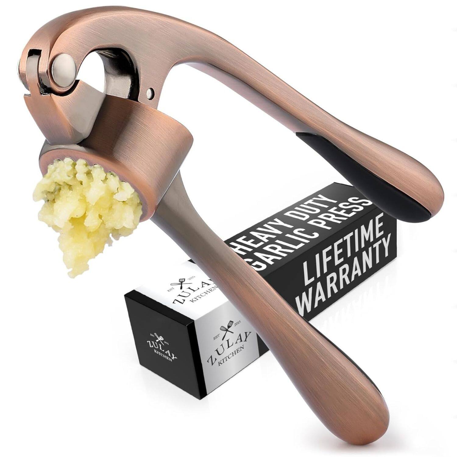 Zulay Kitchen - Premium Garlic Press with Soft, Easy to Squeeze Handle - Includes Silicone Garlic Peeler & Cleaning Brush - Copper