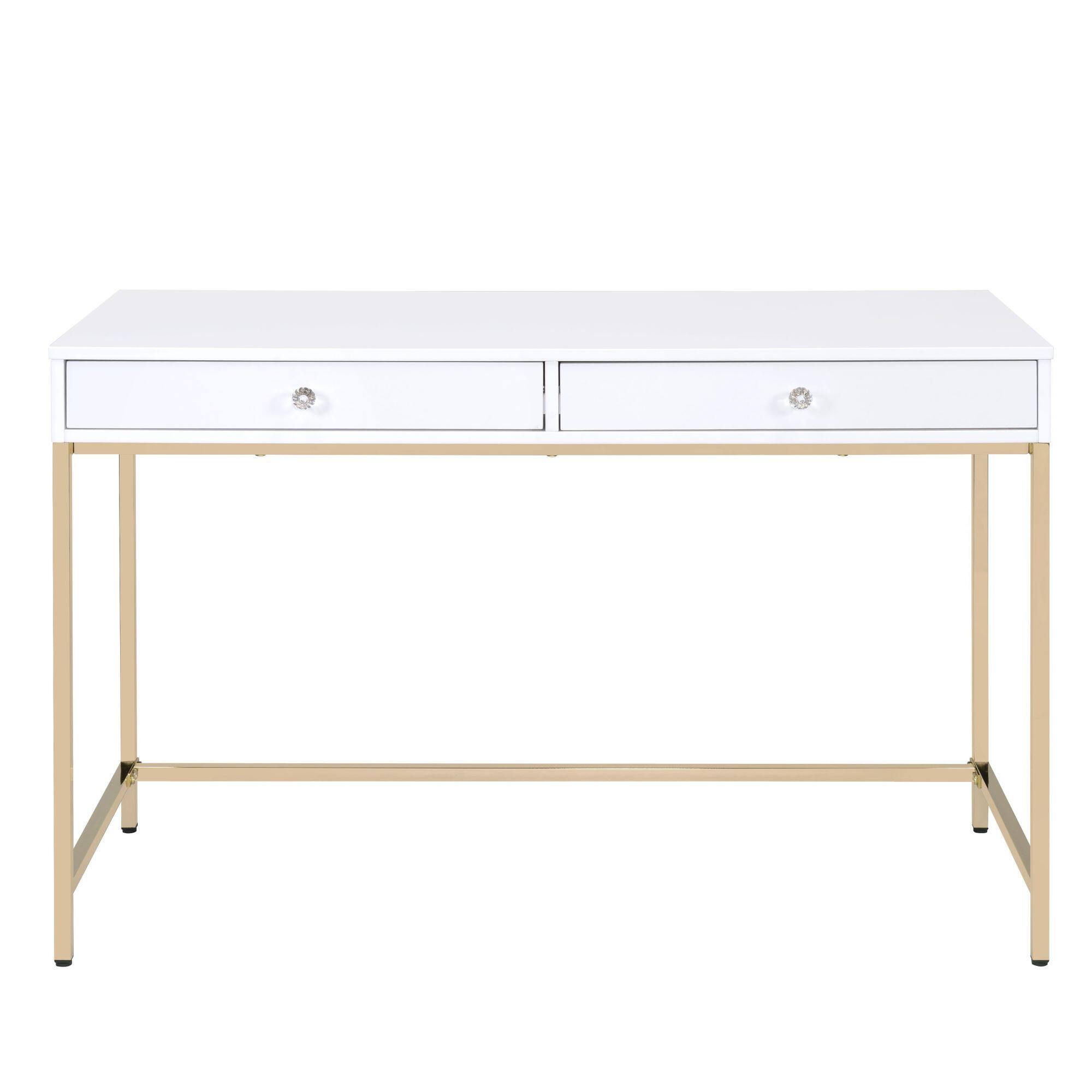 Back. GOODSILO - Contemporary High Gloss Writing Desk with Metal Base and Two Storage Drawers for Modern Office - Gloss White.