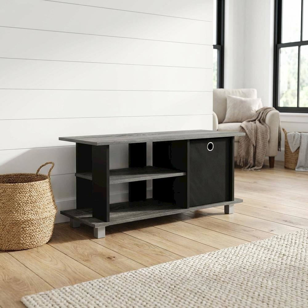 Alt View 1. FurniFact - TV Stand with Bin Drawers in Oak and Black Finish for Modern Living Spaces - Brown.