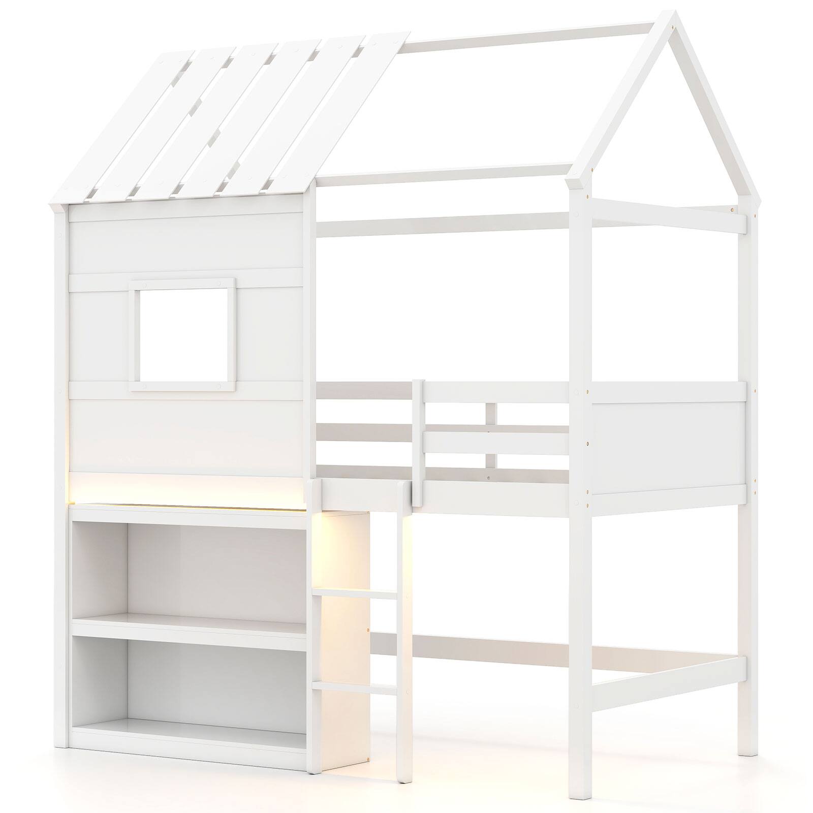 Alt View 9. Gymax - Gymax Twin Size Loft Bed w/ LED Lights & Roof Window & Storage Bookshelf & Guardrails - White.
