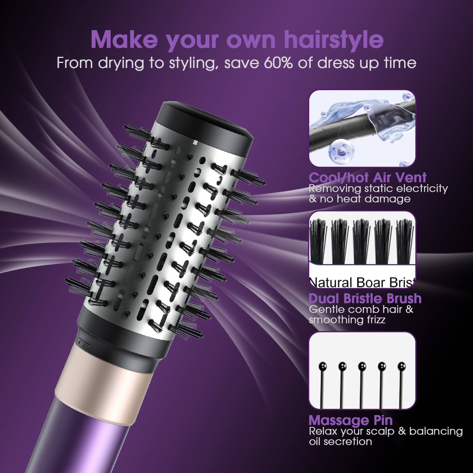 Make your own hairstyle  
From drying to styling, save 60% of dress up time  

Cool/hot Air Vent  
Removing static electricity & no heat damage  

Natural Boar Bristle Dual Bristle Brush  
Gentle comb hair & smoothing frizz  

Massage Pin  
Relax your scalp & balancing oil secretion