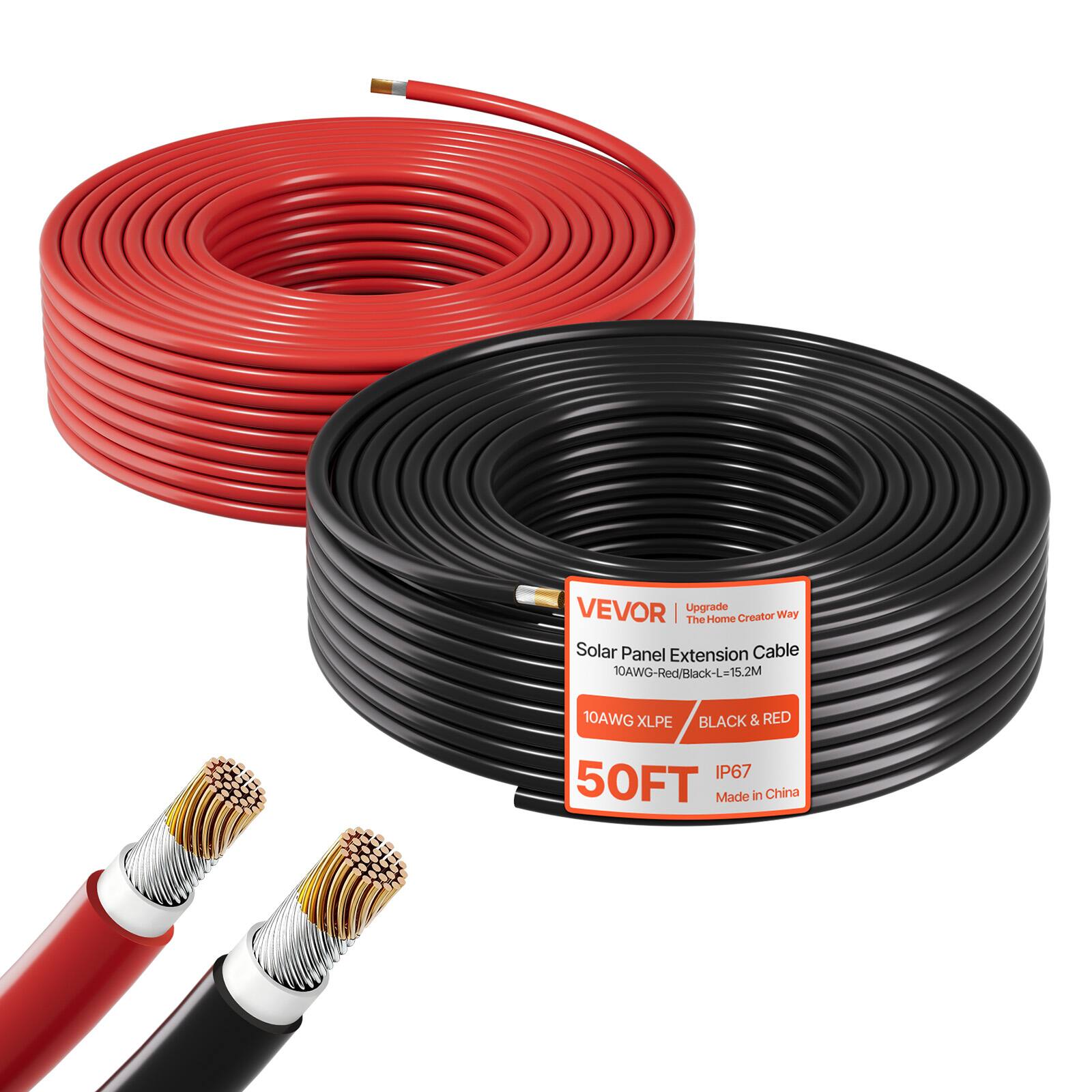 VEVOR | Upgrade The Home Creator Way  
Solar Panel Extension Cable  
10AWG-Red/Black-L=15.2M  
10AWG XLPE BLACK & RED  
IP67  
50FT  
Made in China