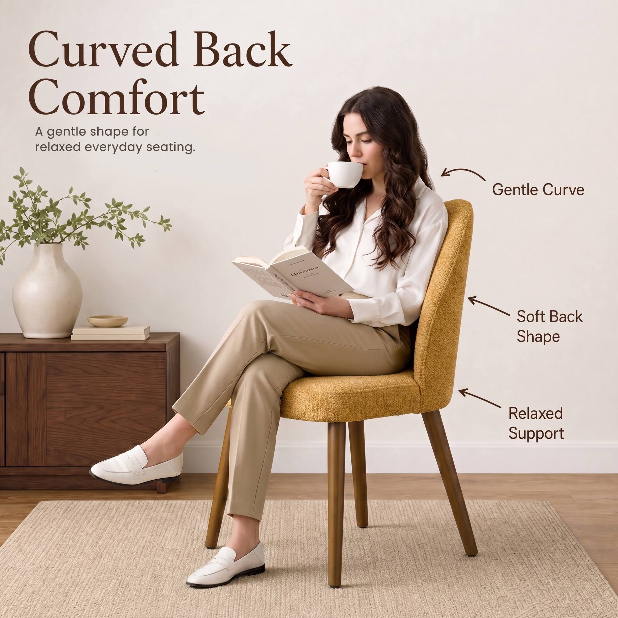 Curved Back Comfort  
A gentle shape for relaxed everyday seating.  

Gentle Curve  
Soft Back Shape  
Relaxed Support