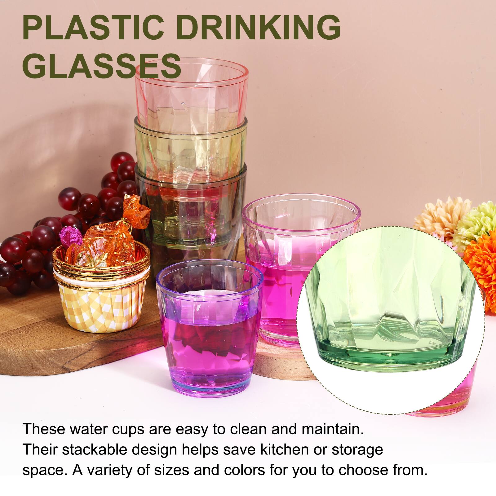 PLASTIC DRINKING GLASSES

These water cups are easy to clean and maintain. Their stackable design helps save kitchen or storage space. A variety of sizes and colors for you to choose from.