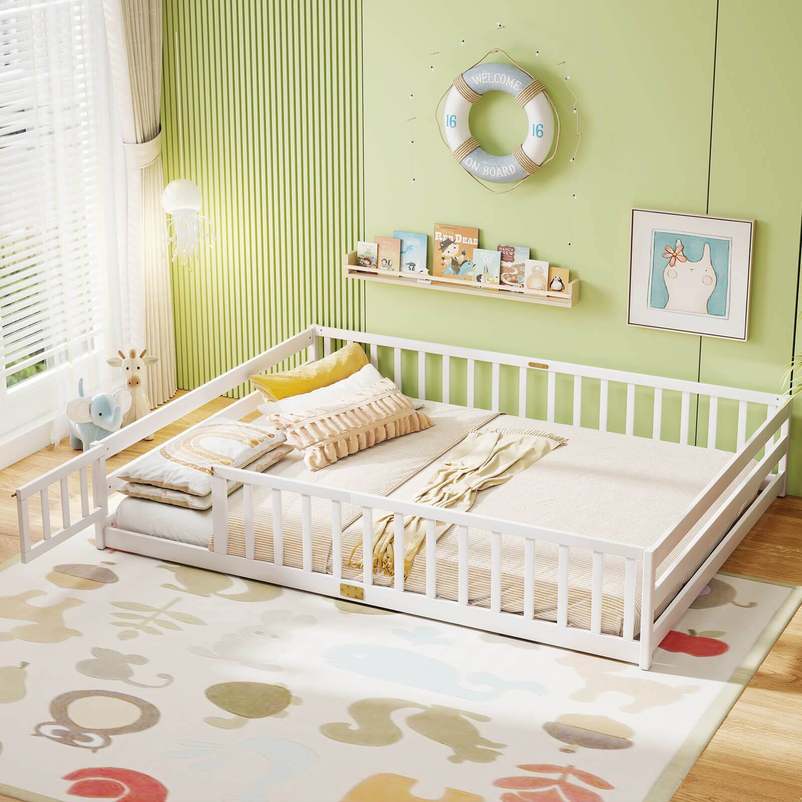 Alt View 5. Costway - Costway Queen Size Floor Bed with Full Length Safety Guardrails & Door for Boys, Girls - White.