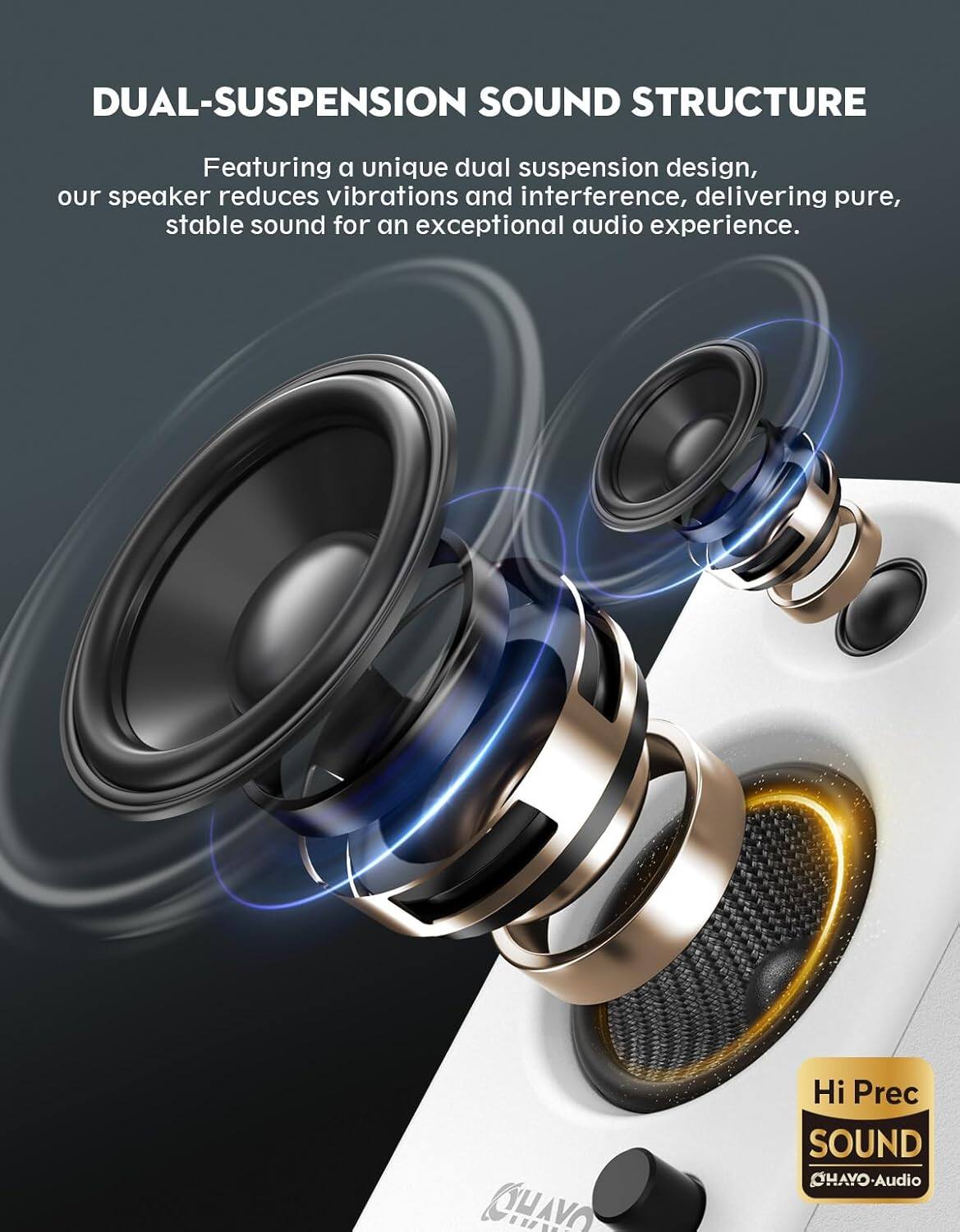 DUAL-SUSPENSION SOUND STRUCTURE

Featuring a unique dual suspension design, our speaker reduces vibrations and interference, delivering pure, stable sound for an exceptional audio experience.

Hi Prec SOUND
CHAYO-Audio