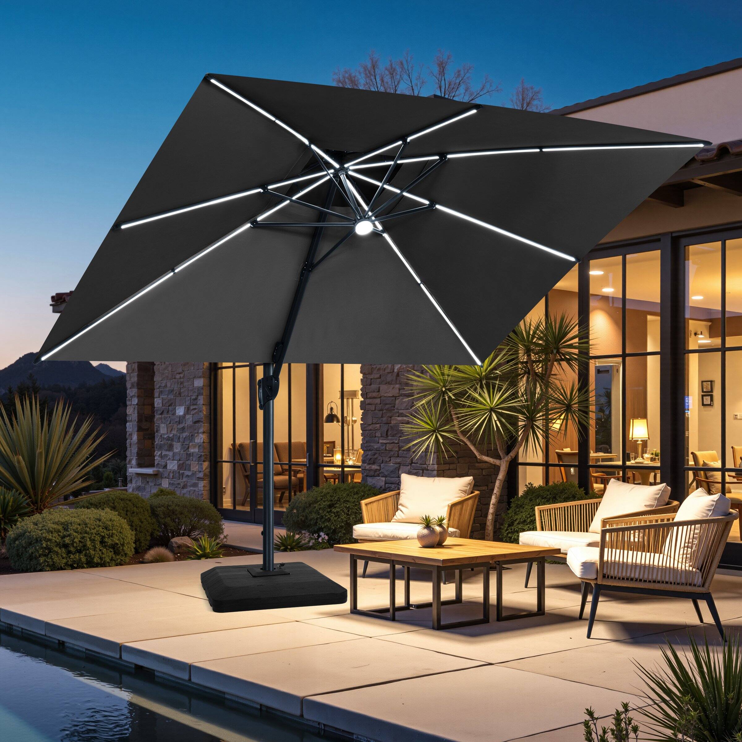 Back. Crestlive Products - Crestlive Products 13' Patio Offset Cantilever Umbrella 2-Tier Top With Solar-Lighted Strips 350lbs Base - black.
