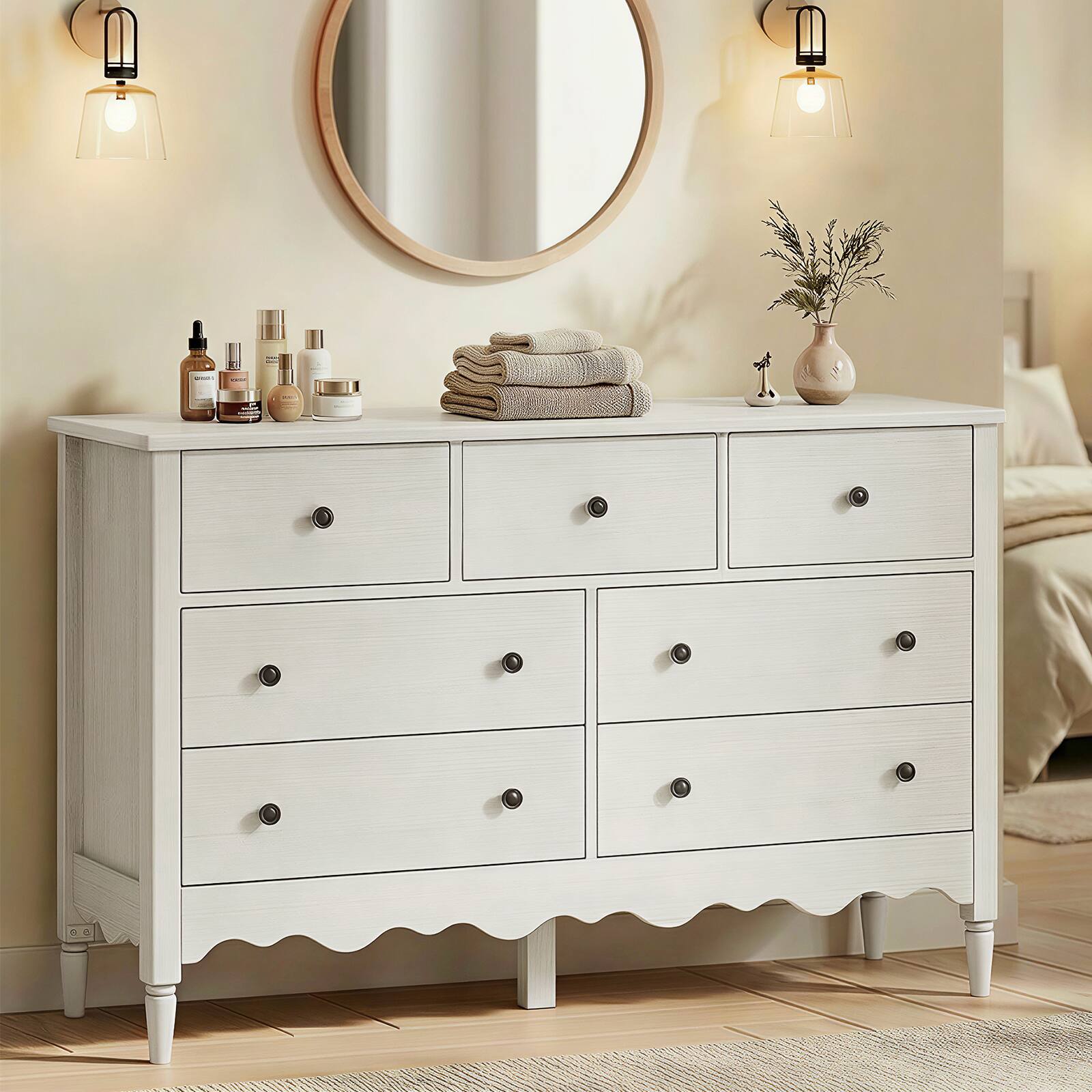 Front. Aheaplus - 7 Drawer Dresser, 47.2'' Farmhouse Chest of Drawers with 7 Wooden Drawers for Organization - White.