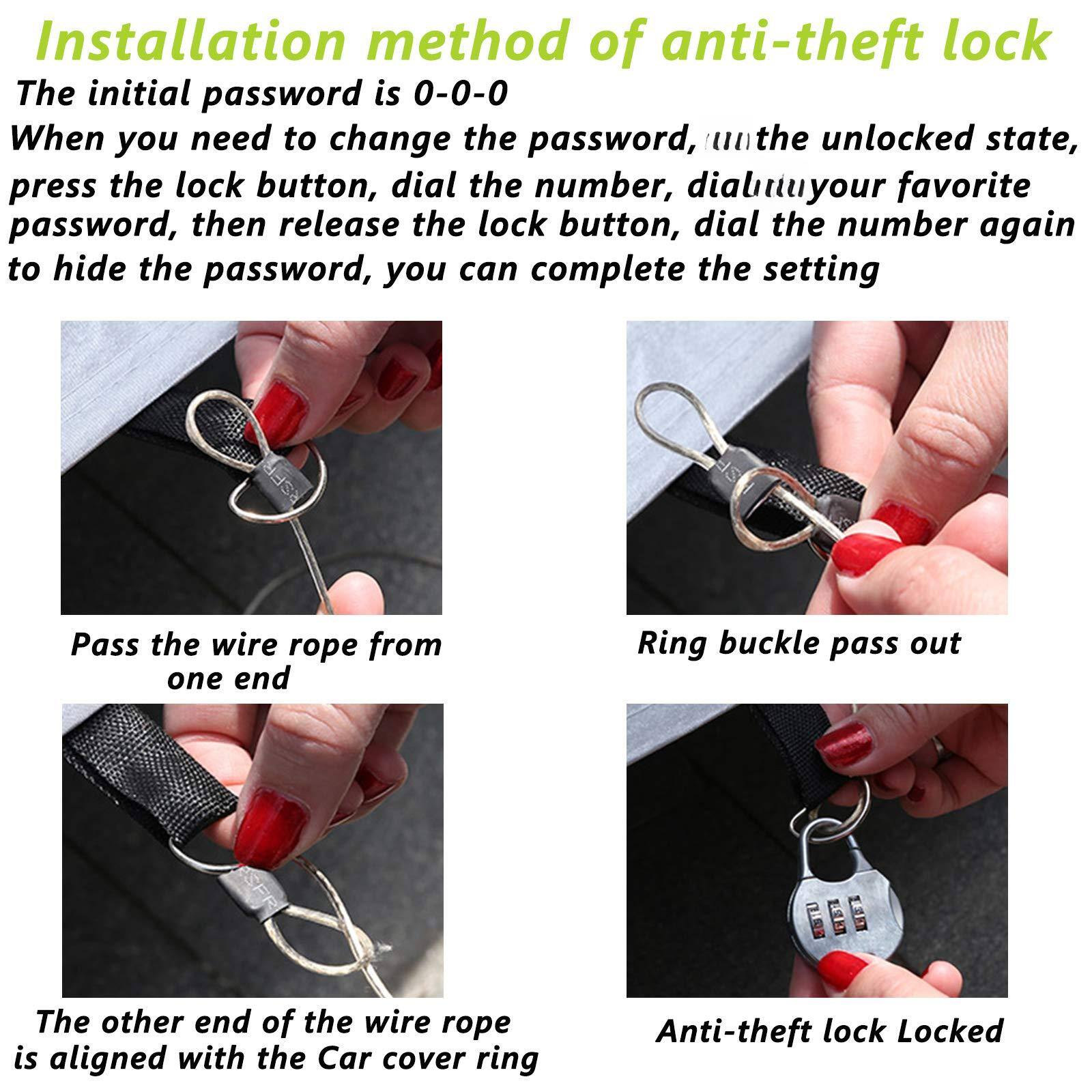 **Installation method of anti-theft lock**

The initial password is 0-0-0

When you need to change the password, in the unlocked state, press the lock button, dial the number, dial your favorite password, then release the lock button, dial the number again to hide the password, you can complete the setting

- Pass the wire rope from one end
- Ring buckle pass out
- The other end of the wire rope is aligned with the Car cover ring
- Anti-theft lock Locked