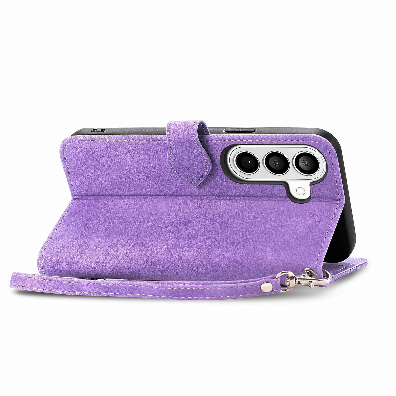 Left. Dteck - Wallet Case with Zipper Pocket + Stand for Samsung Galaxy S26,Protective Folio Cover with 6 Card Slots & Wrist Strap - Purple.