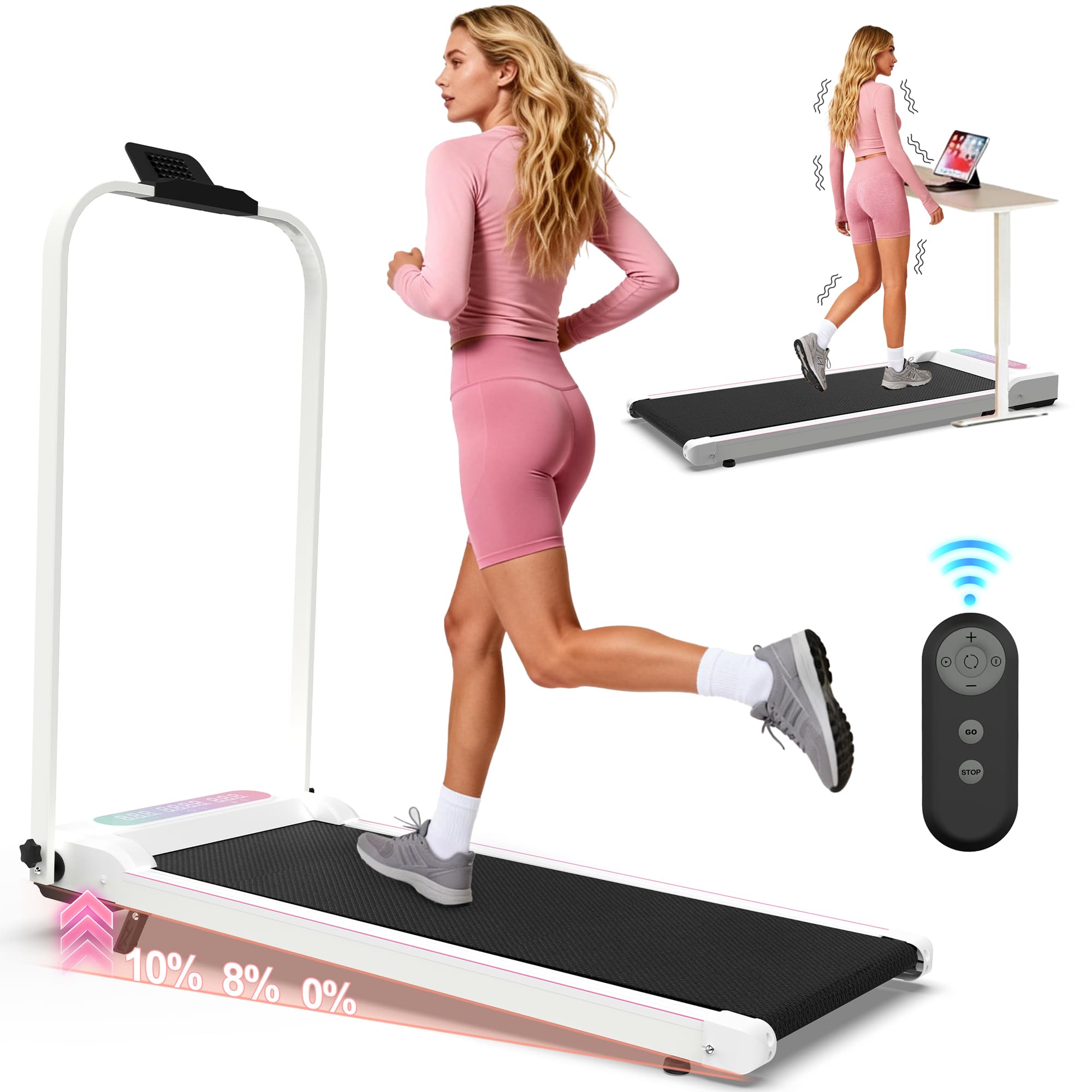 Anysun - Foldable 2-in-1 Treadmill with Incline - Under Desk Walking Pad & Vibration Pad, Remote Control for Home & Office - White
