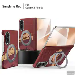 Dteck - Ring Kickstand Cover for Samsung Galaxy Z Fold8, Shockproof PU Leather Matte Slim Hard PC Back Case - Red