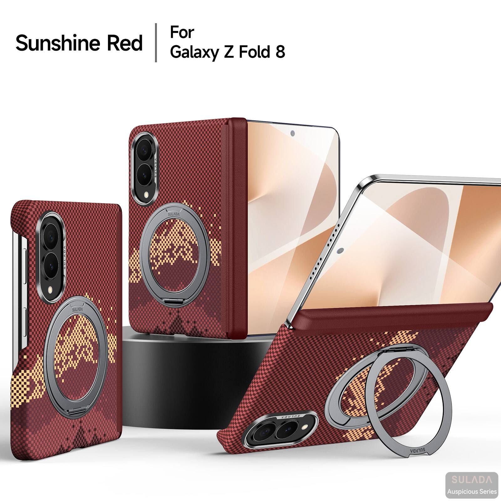 Dteck - Ring Kickstand Cover for Samsung Galaxy Z Fold8, Shockproof PU Leather Matte Slim Hard PC Back Case - Red