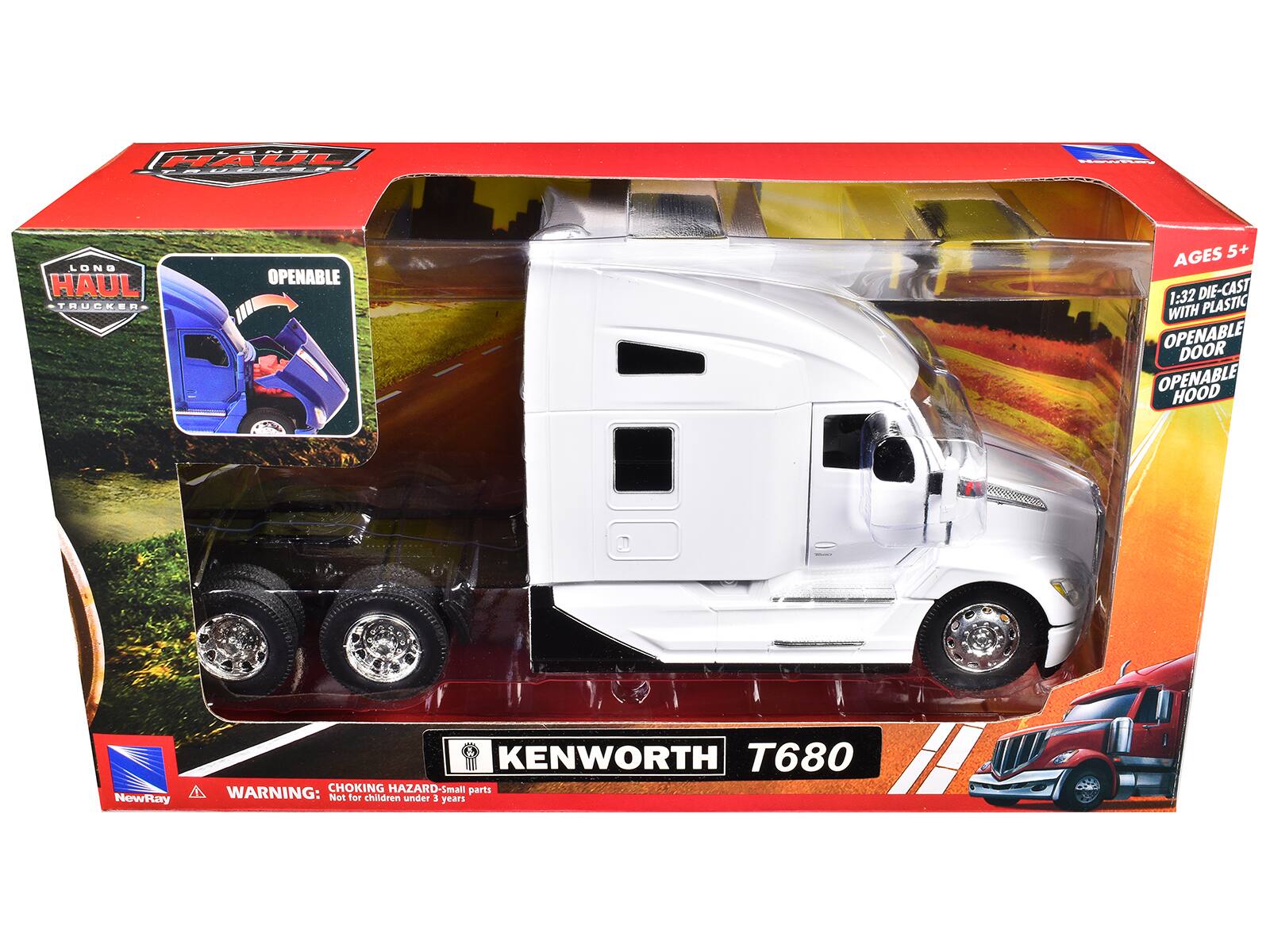 HAUL - LONG HAUL TRUCKER OPENABLE AGES 5+ 1:32 DIE-CAST WITH PLASTIC OPENABLE DOOR OPENABLE HOOD NewRay KENWORTH T680  
CHOKING HAZARD-Small parts  
WARNING: Not for children under 3 years