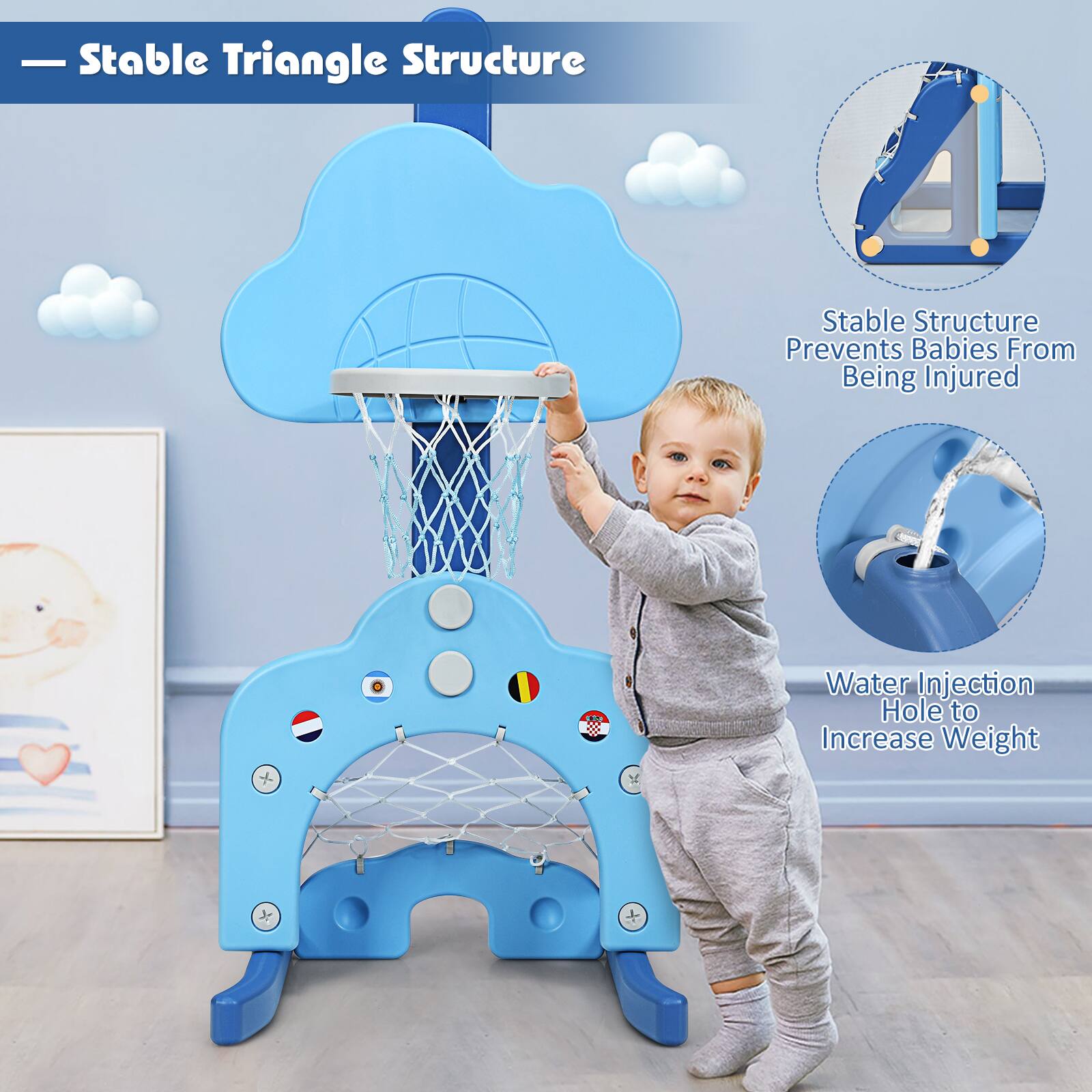 Stable Triangle Structure, Stable Structure Prevents Babies From Being Injured, Water Injection Hole to Increase Weight