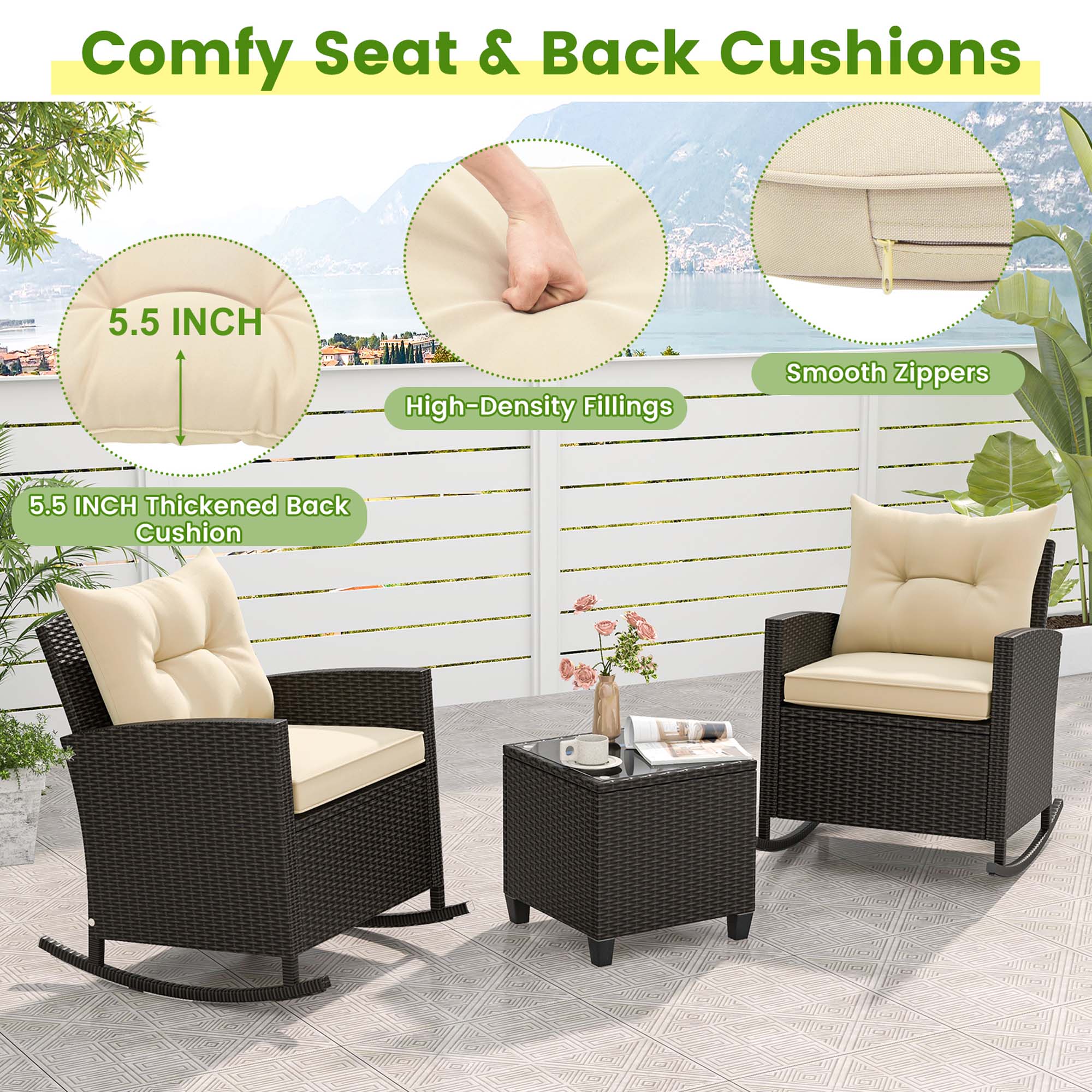Comfy Seat & Back Cushions: 5.5 INCH High-Density Fillings, Smooth Zippers, 5.5 INCH Thickened Back Cushion.