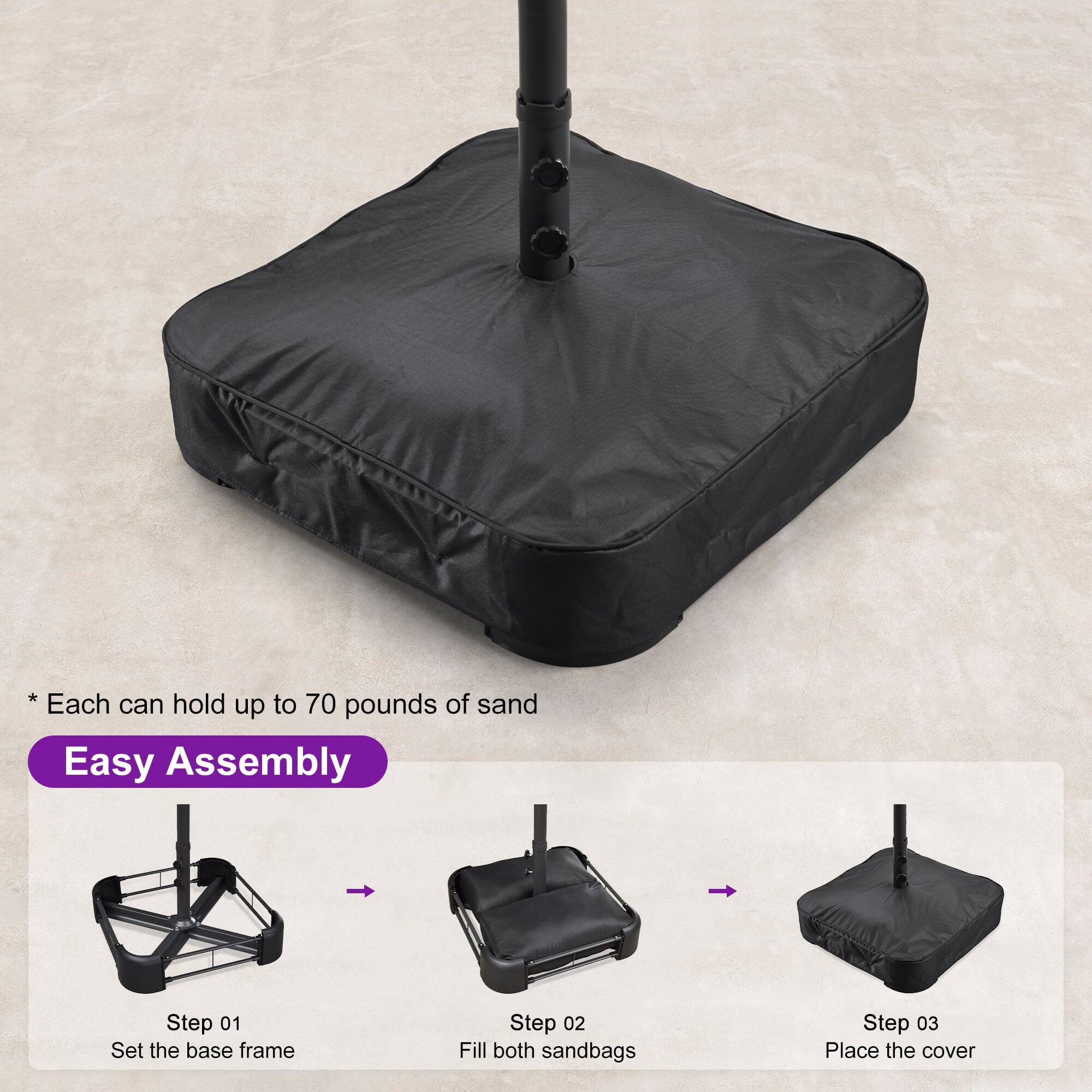 * Each can hold up to 70 pounds of sand

Easy Assembly

Step 01  
Set the base frame

Step 02  
Fill both sandbags

Step 03  
Place the cover