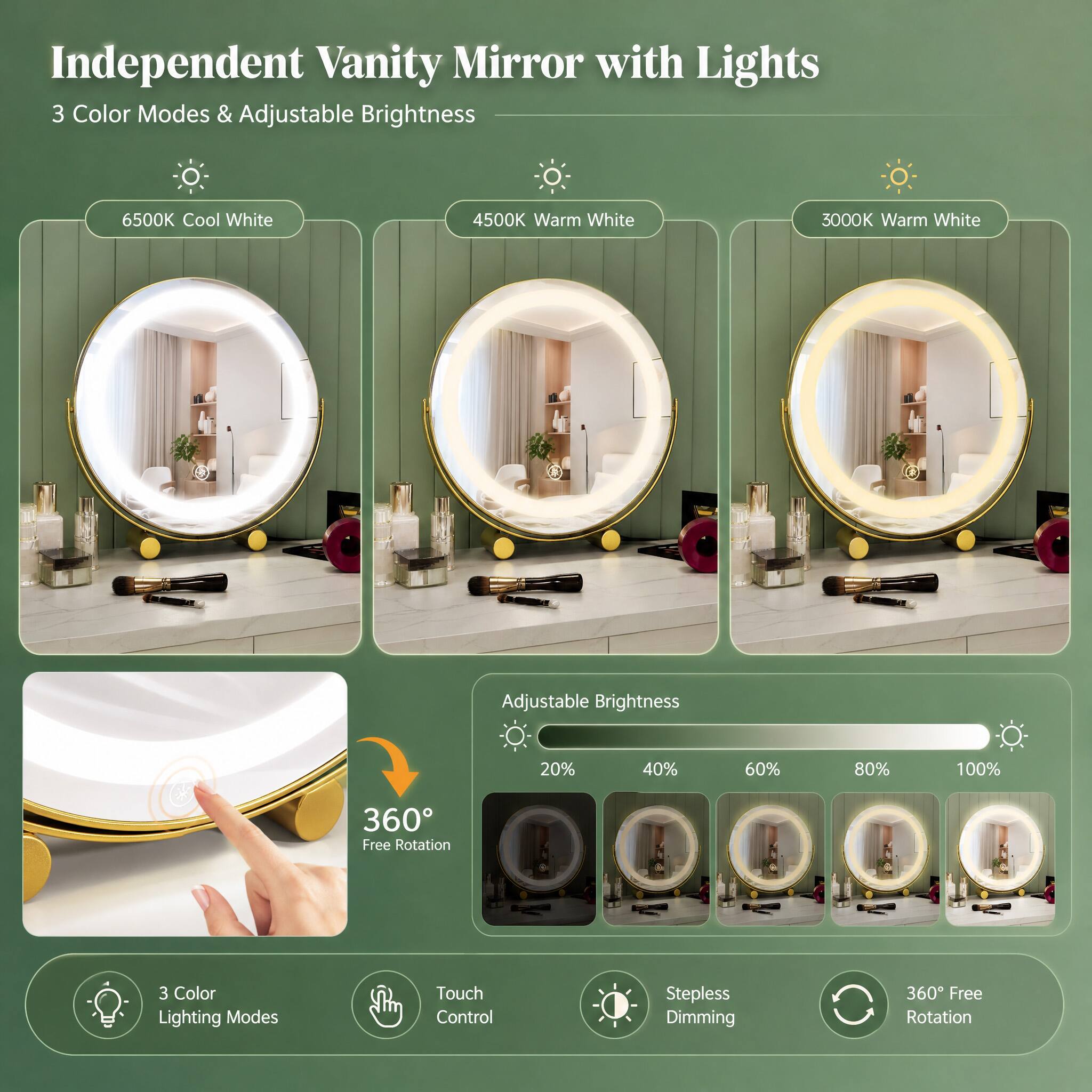 Independent Vanity Mirror with Lights  
3 Color Modes & Adjustable Brightness

- 6500K Cool White
- 4500K Warm White
- 3000K Warm White

Adjustable Brightness  
20%  
40%  
60%  
80%  
100%

360° Free Rotation  
3 Color Lighting Modes  
Touch Control  
Stepless Dimming  
360° Free Rotation