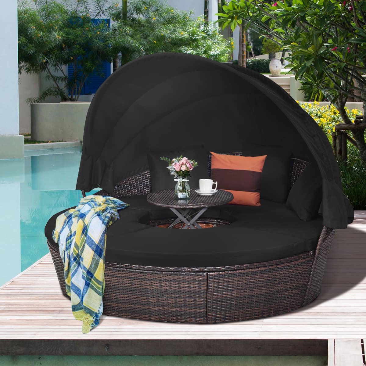 Alt View 1. Costway - Patio Rattan Daybed Cushioned Sofa Adjustable Table Top Canopy - Black.