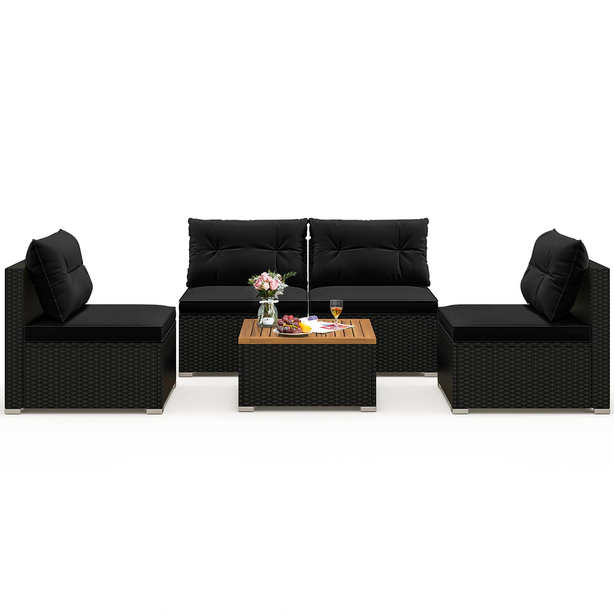Alt View 1. Gymax - Gymax 5 Piece Outdoor Furniture Set w/ Seat & Back Cushions Acacia Wood Tabletop Black - Black.