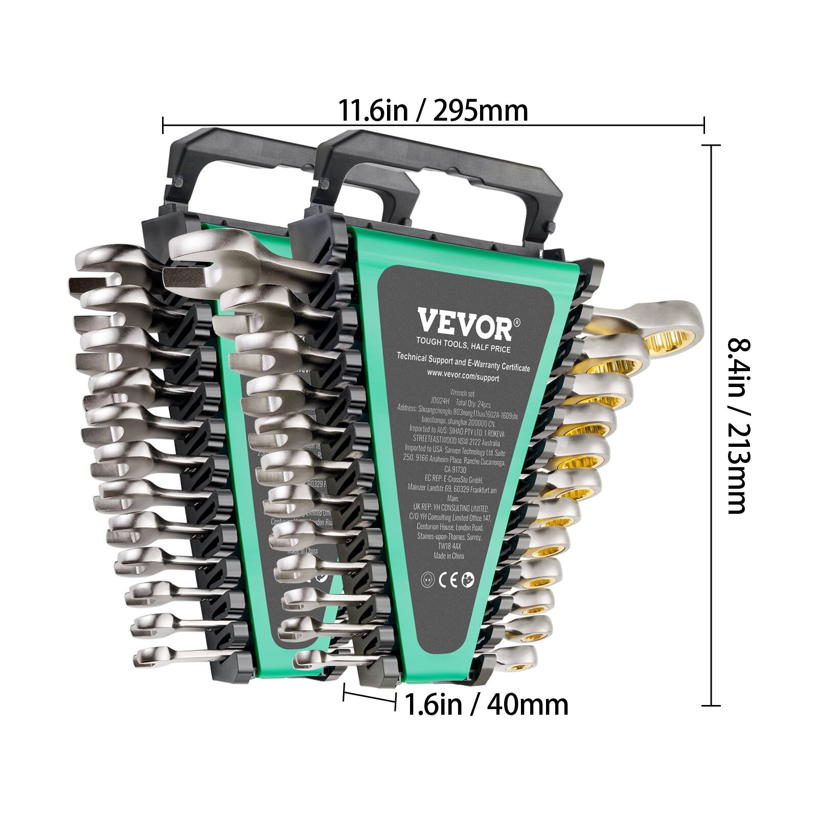 11.6in / 295mm  
8.4in / 213mm  
1.6in / 40mm  

VEVOR  
TOUGH TOOLS. HALF PRICE  
Technical Support and E Warranty Certificate  
www.vevor.com/support  

Imported by:  
ALE SHAC PUO  
ST LASTROOD  
202 Antrala Imported  
A2U Sever Scheeigy  
Sut 250 S Anatom Pace Krche Dicanonga CI 1000  
I 07 Ceda SBl notrar unto I 50329 anklrt - lta UK HP YY CONSULTAG  
aTe CO  
Consulting Limited iha ) Ceores Hae Cone Roed Stanes - Ttames Somy Tw1 4X Slde CNu CE  

Made in China