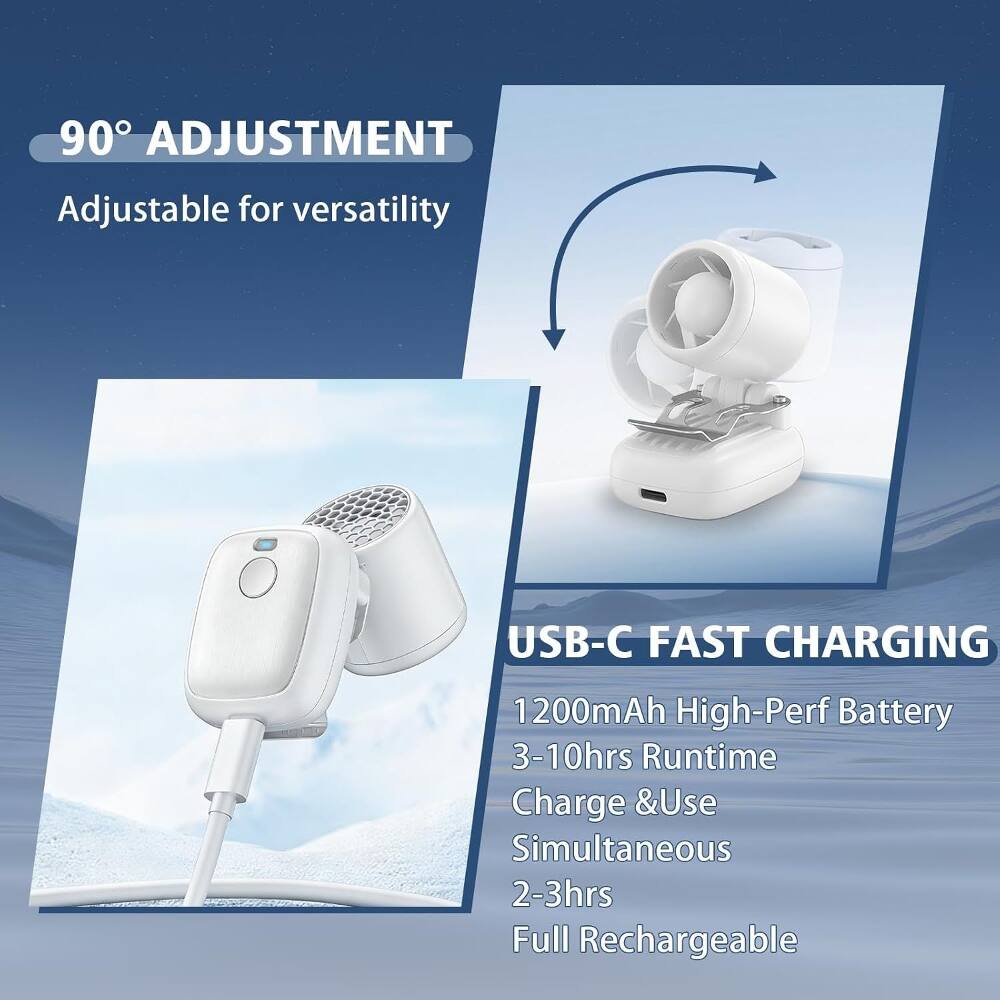 90° ADJUSTMENT  
Adjustable for versatility  

USB-C FAST CHARGING  
1200mAh High-Perf Battery  
3-10hrs Runtime  
Charge & Use Simultaneous  
2-3hrs Full Rechargeable