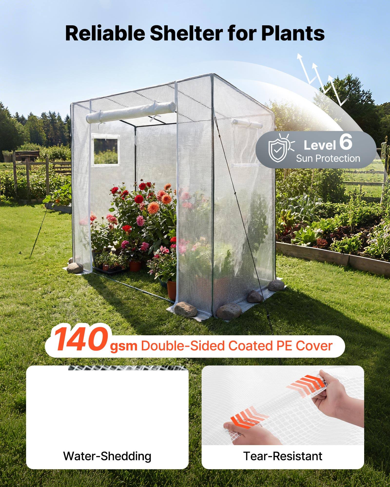 Reliable Shelter for Plants

Level 6 Sun Protection

140 gsm Double-Sided Coated PE Cover

Water-Shedding

Tear-Resistant