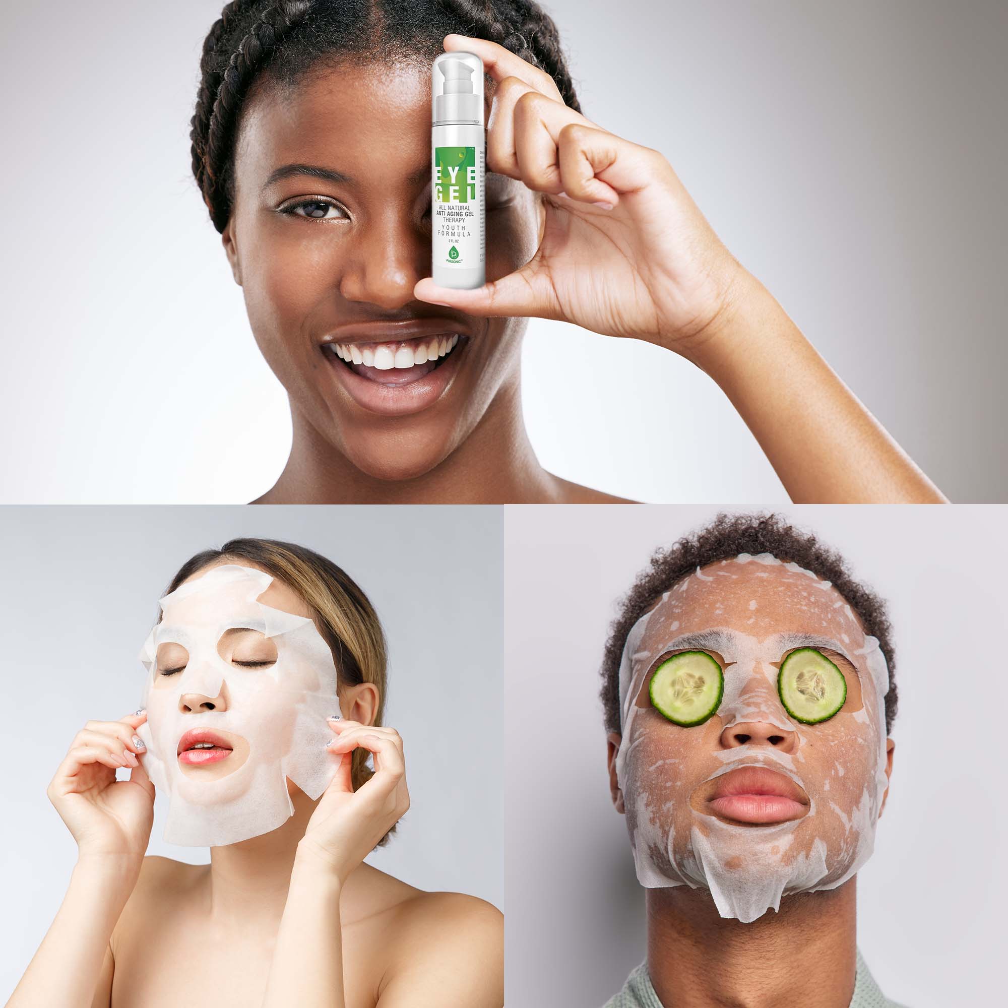 EYE GEL  
ANTI-AGING GEL  
FOR THE EYES  
100% NATURAL  
ORGANIC  
VITAMIN E  
VITAMIN C  
HYALURONIC ACID  
ALOE VERA  
CUCUMBER  
GREEN TEA  
ALOE VERA  
CUCUMBER  
GREEN TEA