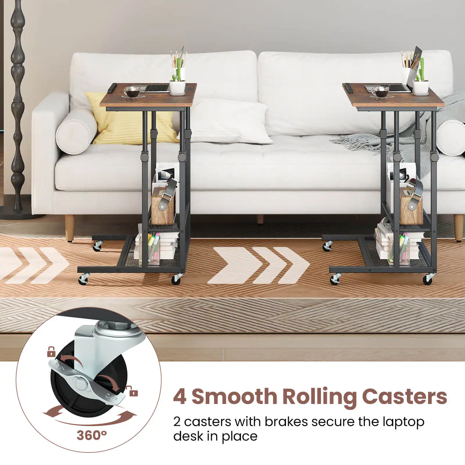 1. 4 Smooth Rolling Casters: 2 casters with brakes secure the laptop desk in place.