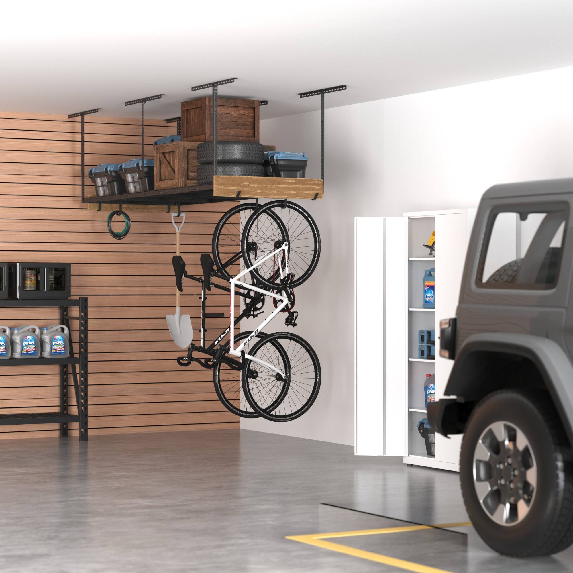 Alt View 7. Fleximounts - OHK Series 36 in. W x 96 in. D x 22-40 in. H Black Ceiling Mounted Overhead Garage Storage Rack with Accessory Hooks - Black.