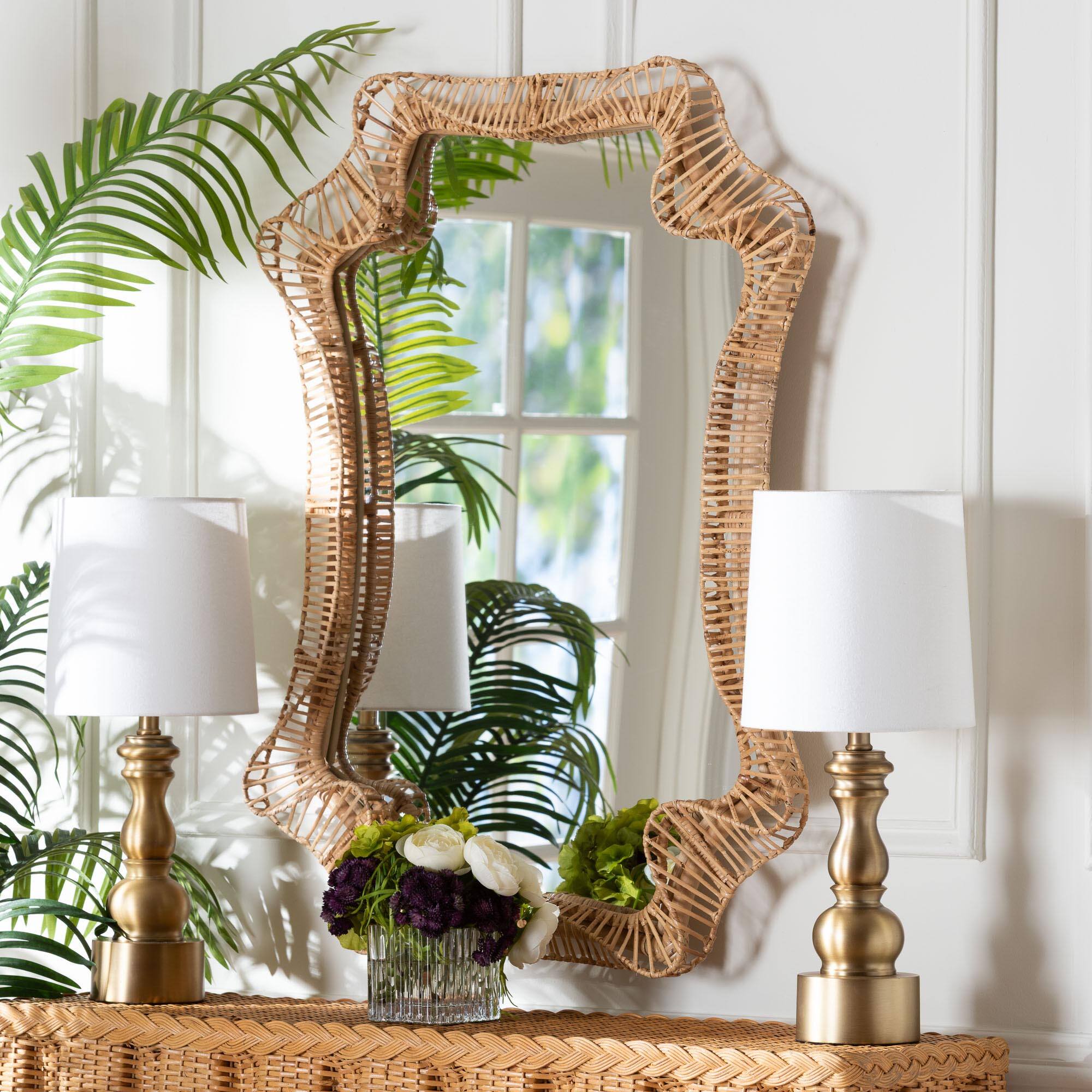 Left. bali & pari - Yusra Natural Rattan Wall Mirror – Handwoven Wicker Frame with Freeform Silhouette, Coastal Boho Wall Décor - Natural Brown.