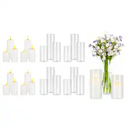 VEVOR - Pillar Candles and Glass Vases Set 24 Pcs, Clear Cylinder Hurricane Candle Holders for Wedding Centerpieces, Tall Vase - Transparent White