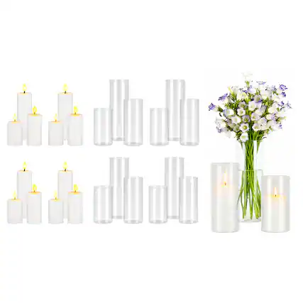 Front. VEVOR - Pillar Candles and Glass Vases Set 24 Pcs, Clear Cylinder Hurricane Candle Holders for Wedding Centerpieces, Tall Vase - Transparent White.