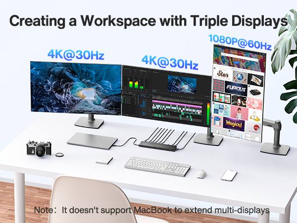 Creating a Workspace with Triple Displays

4K@30Hz  
4K@30Hz  
1080P@60Hz

Note: It doesn't support MacBook to extend multi-displays