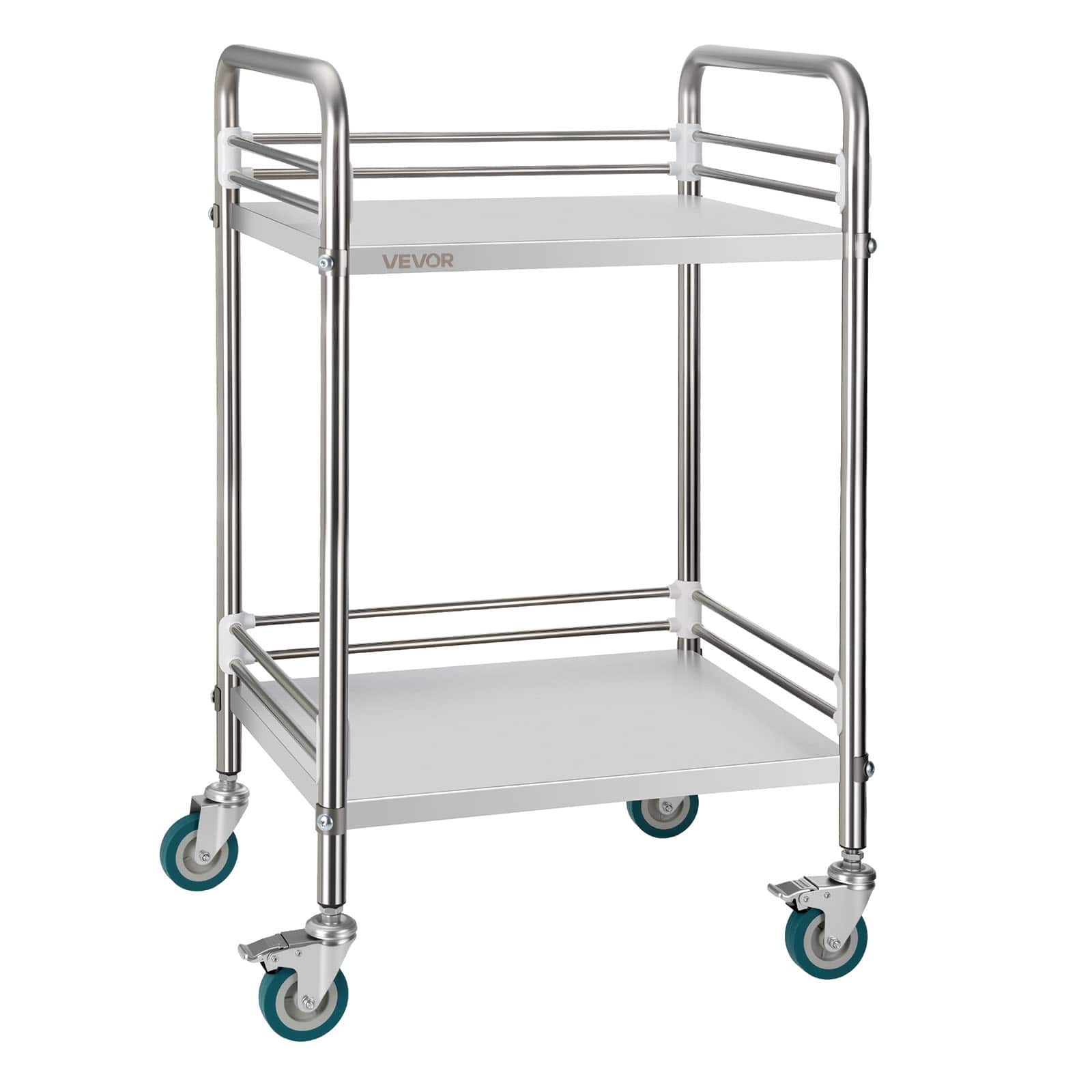 VEVOR - Stainless Steel Cart, 2-Tier Rolling Lab Utility Cart with Lockable Wheels, Medical Serving Trolley Clinic Tray - Silver
