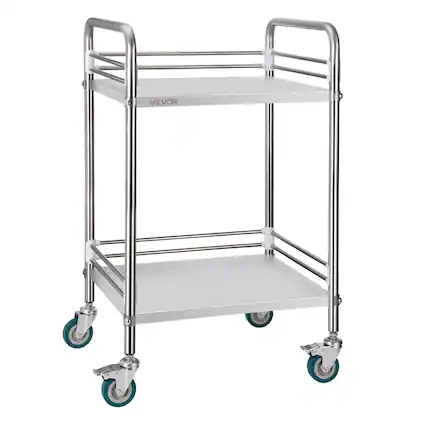 Front. VEVOR - Stainless Steel Cart, 2-Tier Rolling Lab Utility Cart with Lockable Wheels, Medical Serving Trolley Clinic Tray - Silver.