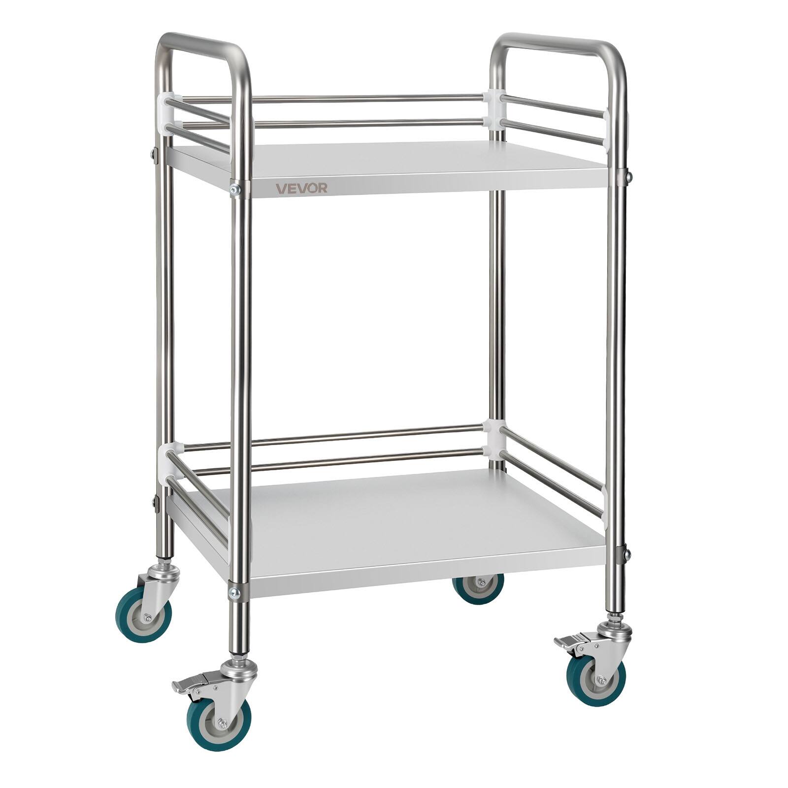 Front. VEVOR - Stainless Steel Cart, 2-Tier Rolling Lab Utility Cart with Lockable Wheels, Medical Serving Trolley Clinic Tray - Silver.