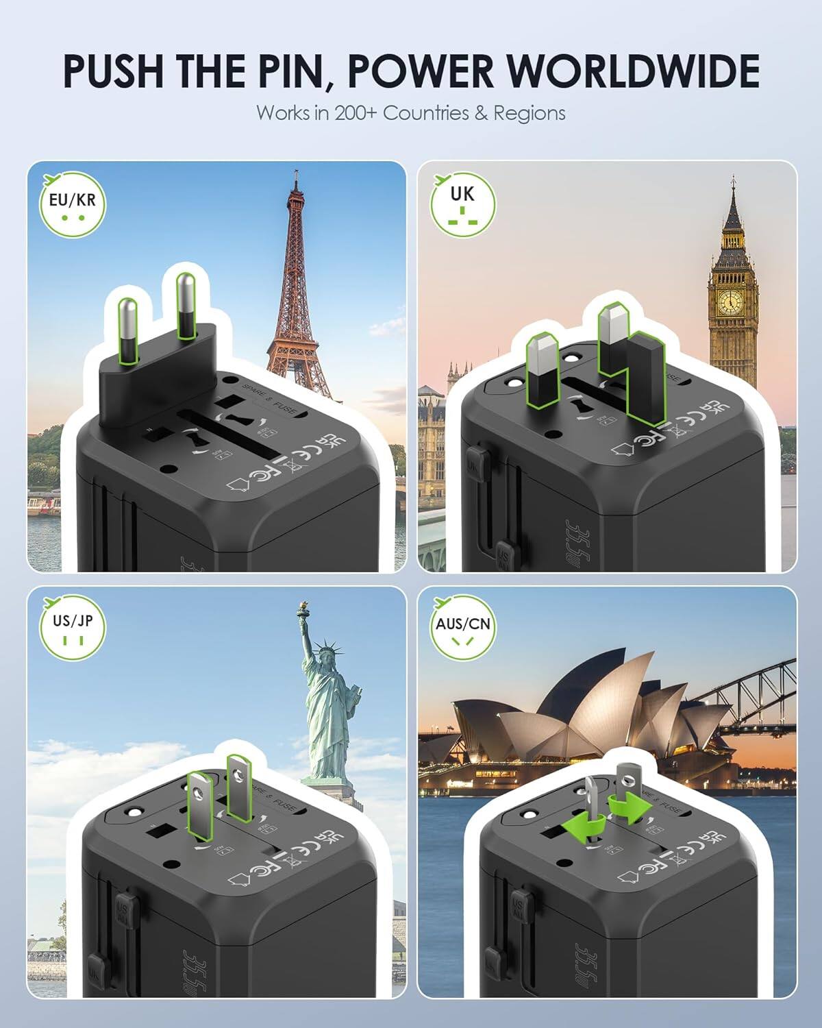 Push the Pin, Power Worldwide: Works in 200+ Countries & Regions. EU/KR/UK/US/JP/AU/CN/FUSE 3 x 35.5g US/1 x 35g.