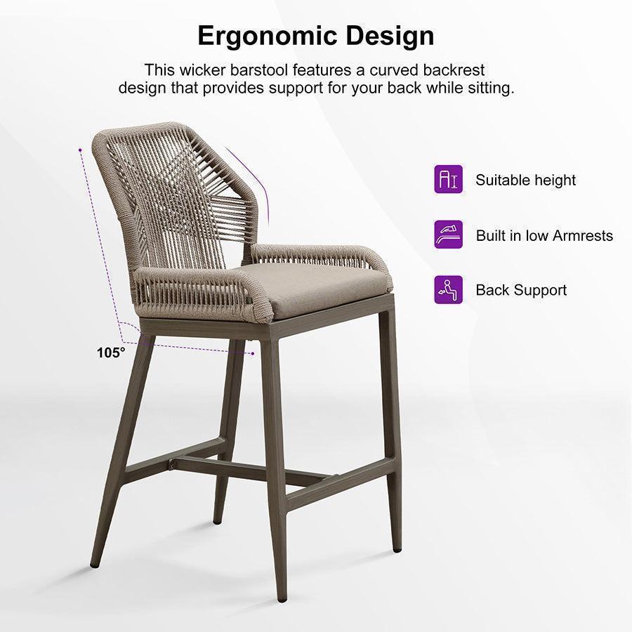 Ergonomic Design

This wicker barstool features a curved backrest design that provides support for your back while sitting.

- Suitable height
- Built in low Armrests
- Back Support

105°