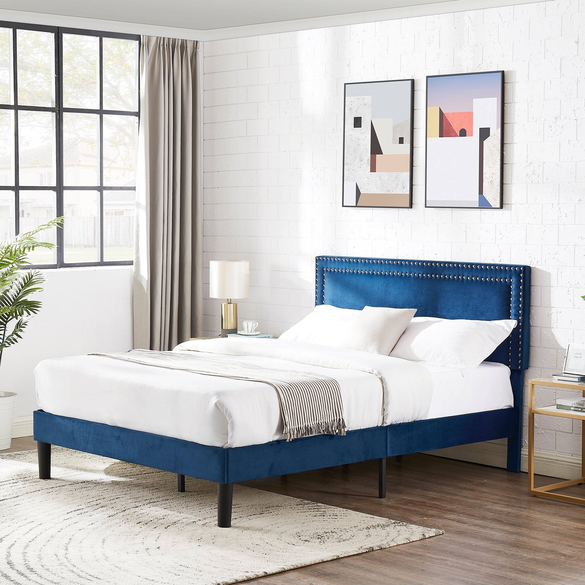 Alt View 2. Vecelo - Full Size Platform Bed Frame with Adjustable Upholstered Headboard, Strong Wood Slat Support,No Box Spring Needed - Dark Blue.