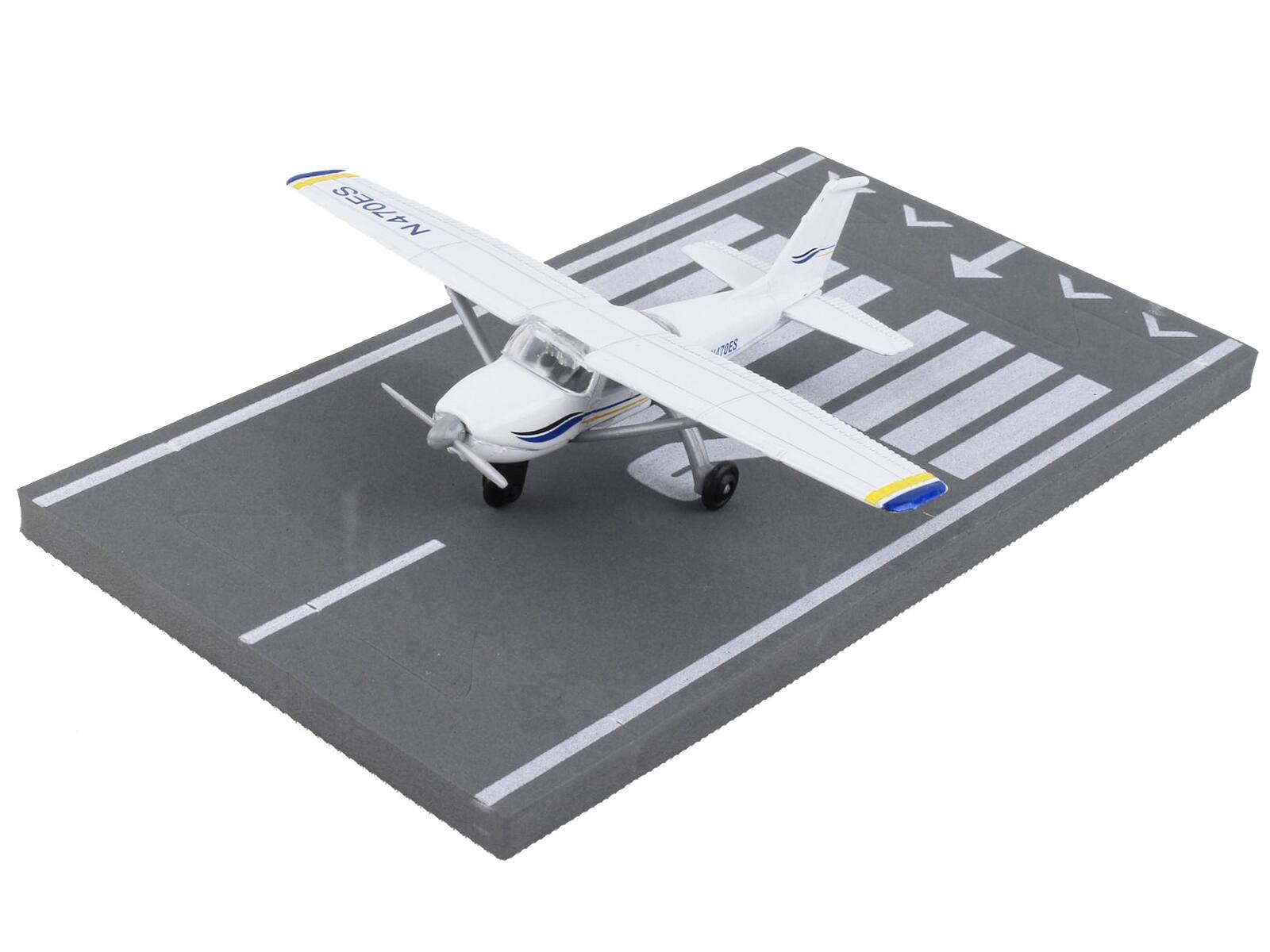 Alt View 2. Runway24 - Cessna 172 Aircraft White with Blue and Yellow Stripes "N470ES" with Runway Section Diecast Model Airplane by Runway24.