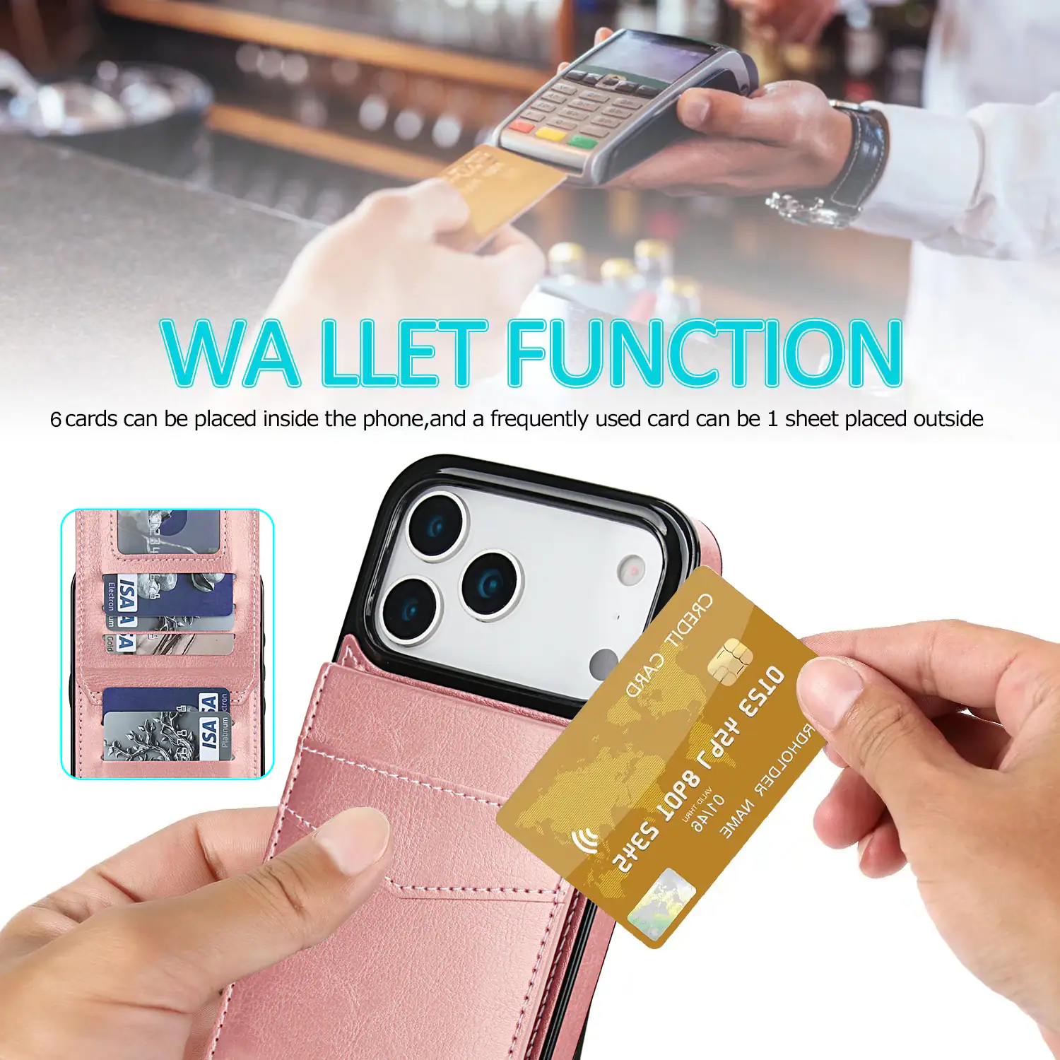 WA LLET FUNCTION  
6 cards can be placed inside the phone, and a frequently used card can be 1 sheet placed outside  

ESCO ISA 1  
8 A A A ISA : CREDIT CARD OT53 L9Sh RDHOLDER 1OP8  

ANTID NAME 2345