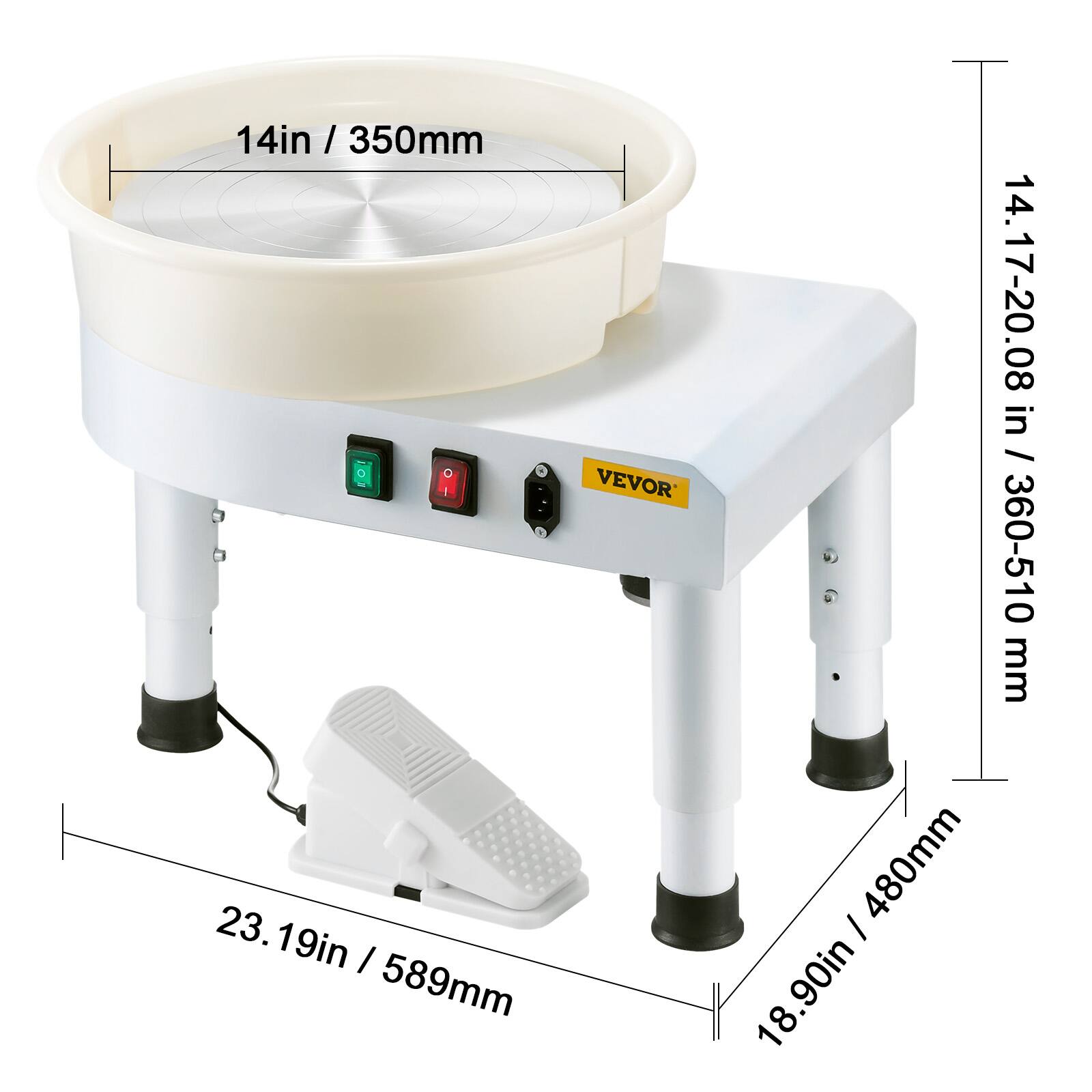 14in / 350mm, 14.17-20.08 in / 360-510 mm, 23.19in / 589mm, 18.90in / 480mm