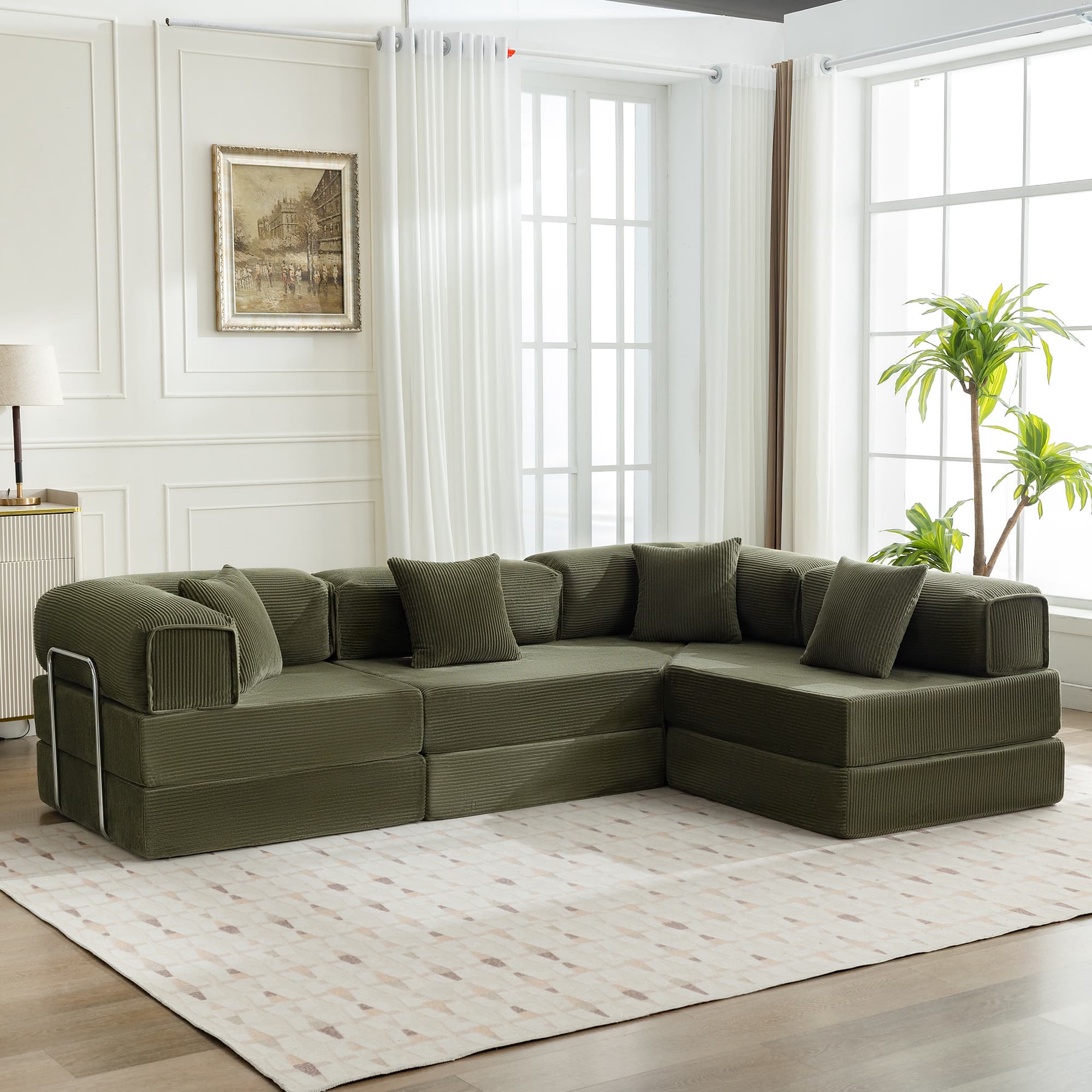 Front. KERDOM - Oversized Big Family Sofa Couch, 170 inches Extra Long Convertible Sofa Bed Sleeper Sectional Floor Building Block Couch - Olive Green.