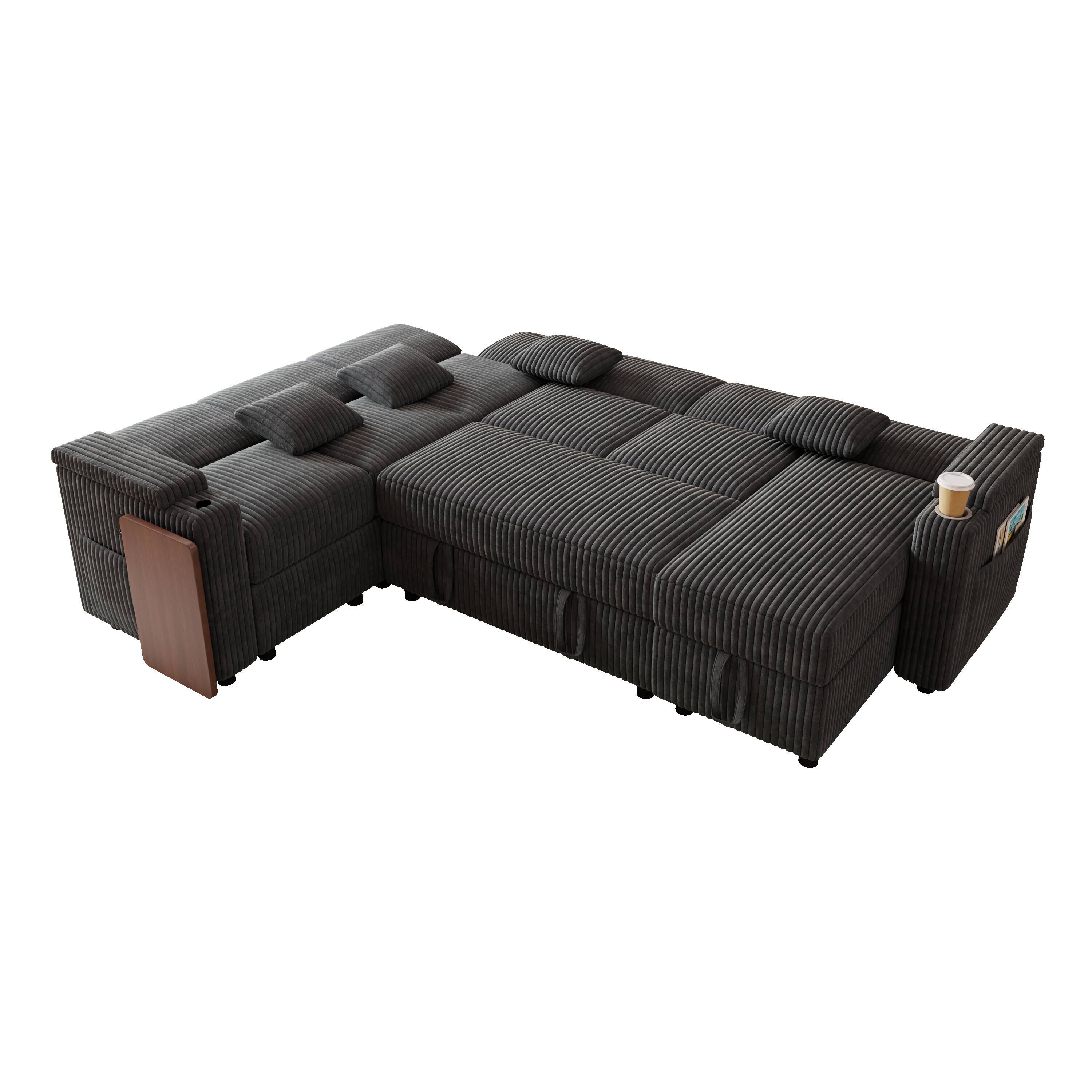 Alt View 1. Anysun - 100" Pull-Out Sofa Bed w/ USB, Table Board & Cup Holder, Corduroy Fabric, U-Shape Combo, Storage Lounge - Dark Grey.