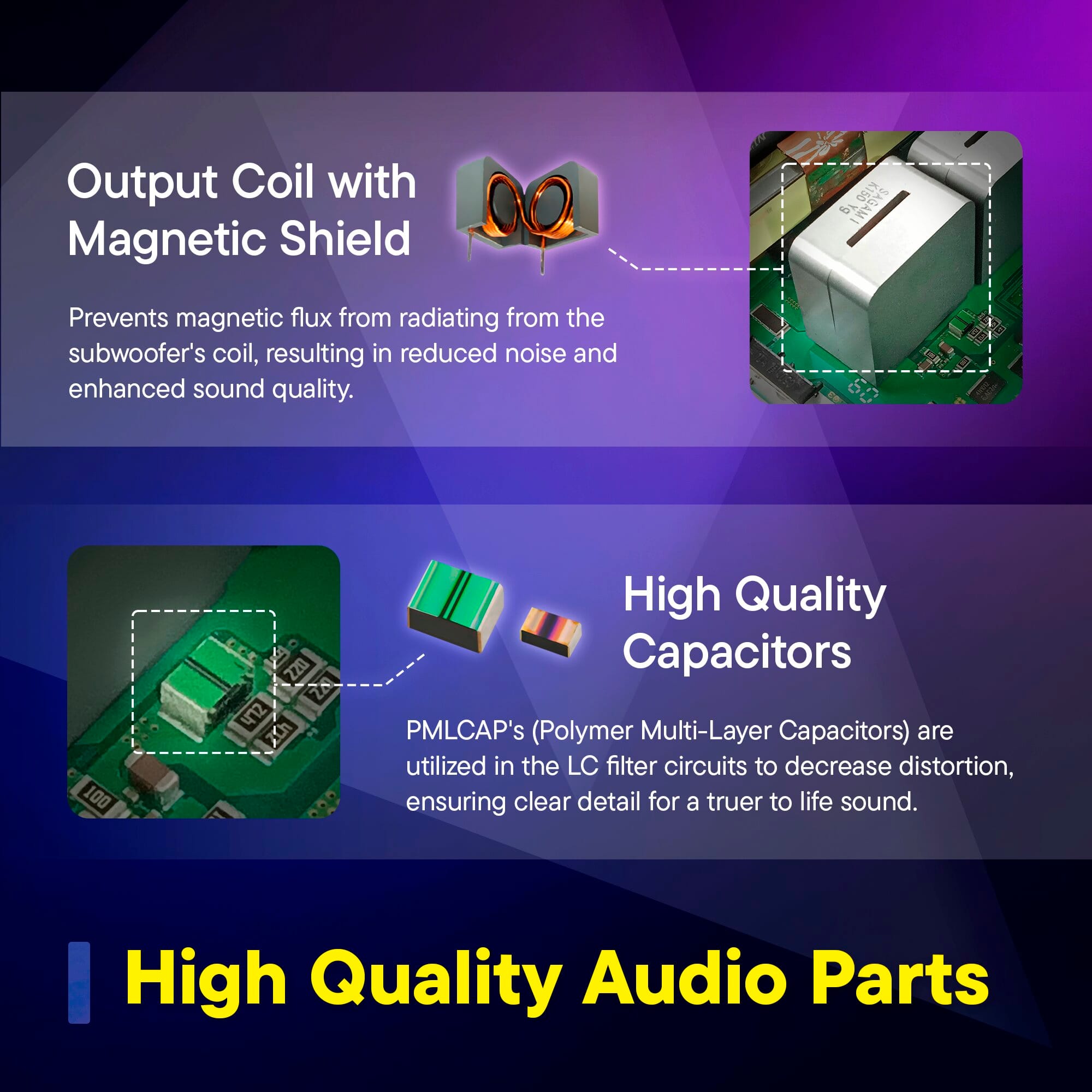 High Quality Audio Parts:
1. Output Coil with Magnetic Shield: Prevents magnetic flux from radiating from the subwoofer's coil, resulting in reduced noise and enhanced sound quality.
2. High Quality Capacitors: PMLCAP's (Polymer Multi-Layer Capacitors) are utilized in the LC filter circuits to decrease distortion, ensuring clear detail for a truer to life sound.