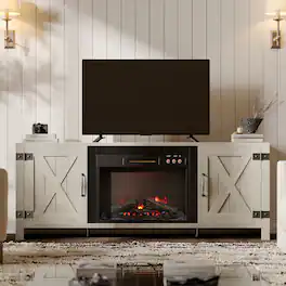 Bestier - 63" Fireplace TV Stand with Vintage Mechanical Buttons, Farmhouse Entertainment Center for 70" TVs - Vintage Gray White
