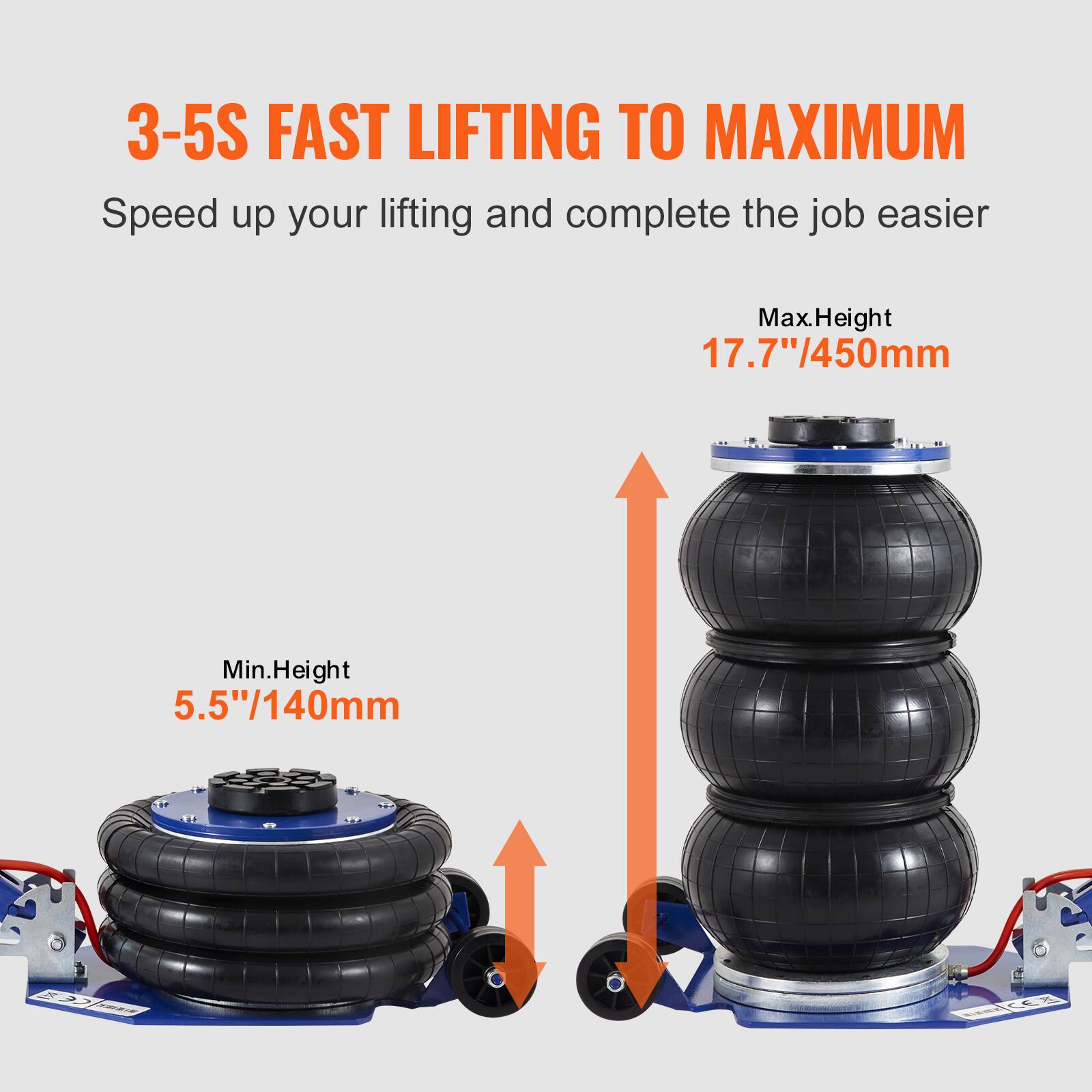 3-5S FAST LIFTING TO MAXIMUM  
Speed up your lifting and complete the job easier  
Max.Height 17.7"/450mm  
Min.Height 5.5"/140mm